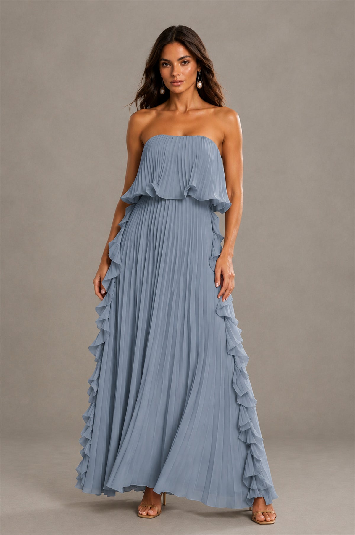 BOLODOO Dusty Blue Strapless Ruffle Bodice Dual Cascading Ruffle Accordion Pleated Chiffon Maxi Dress - Dusty Blue