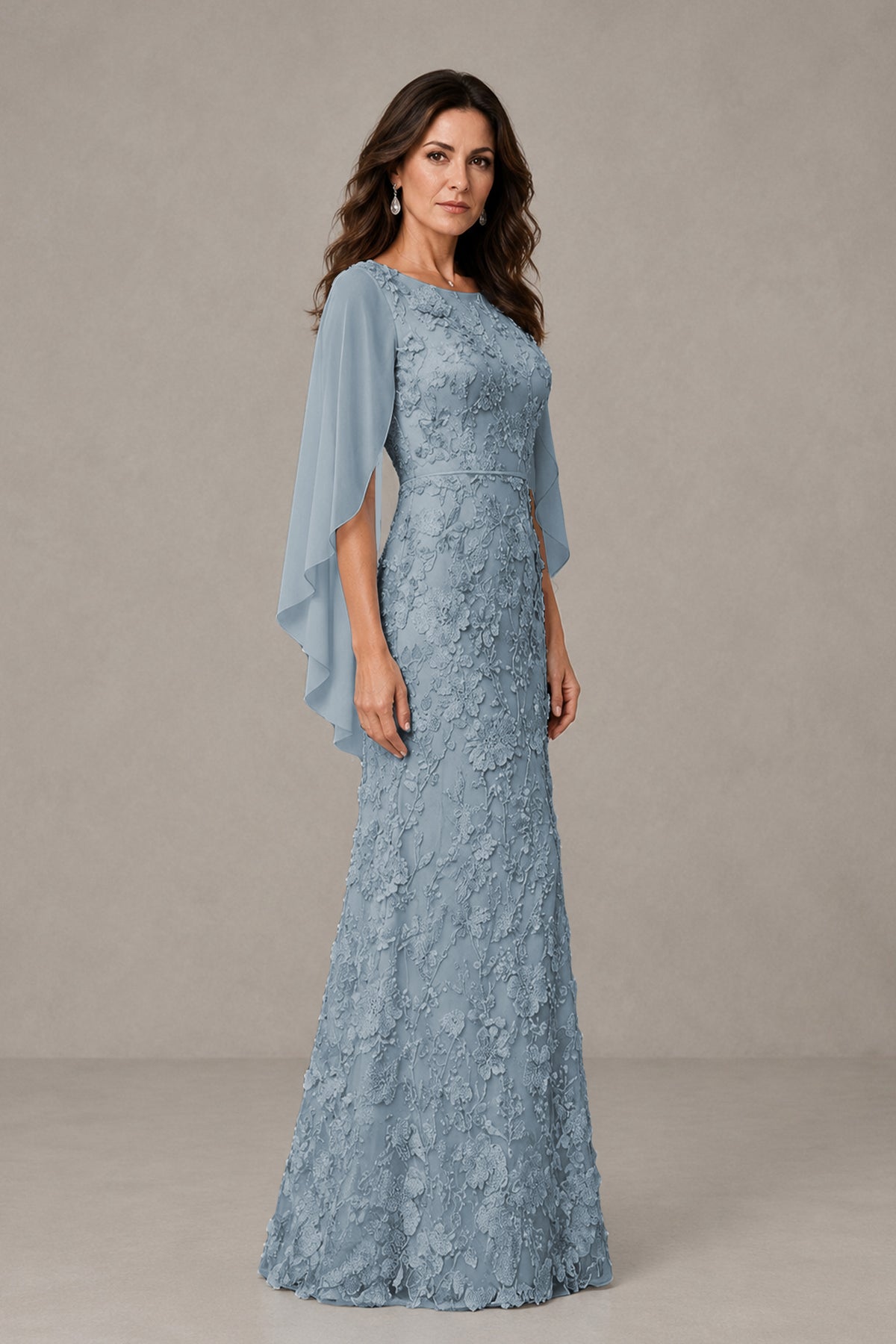 BOLODOO Dusty Blue Lace Mother of the Bride Dress with Cape Sleeves - Dusty Blue
