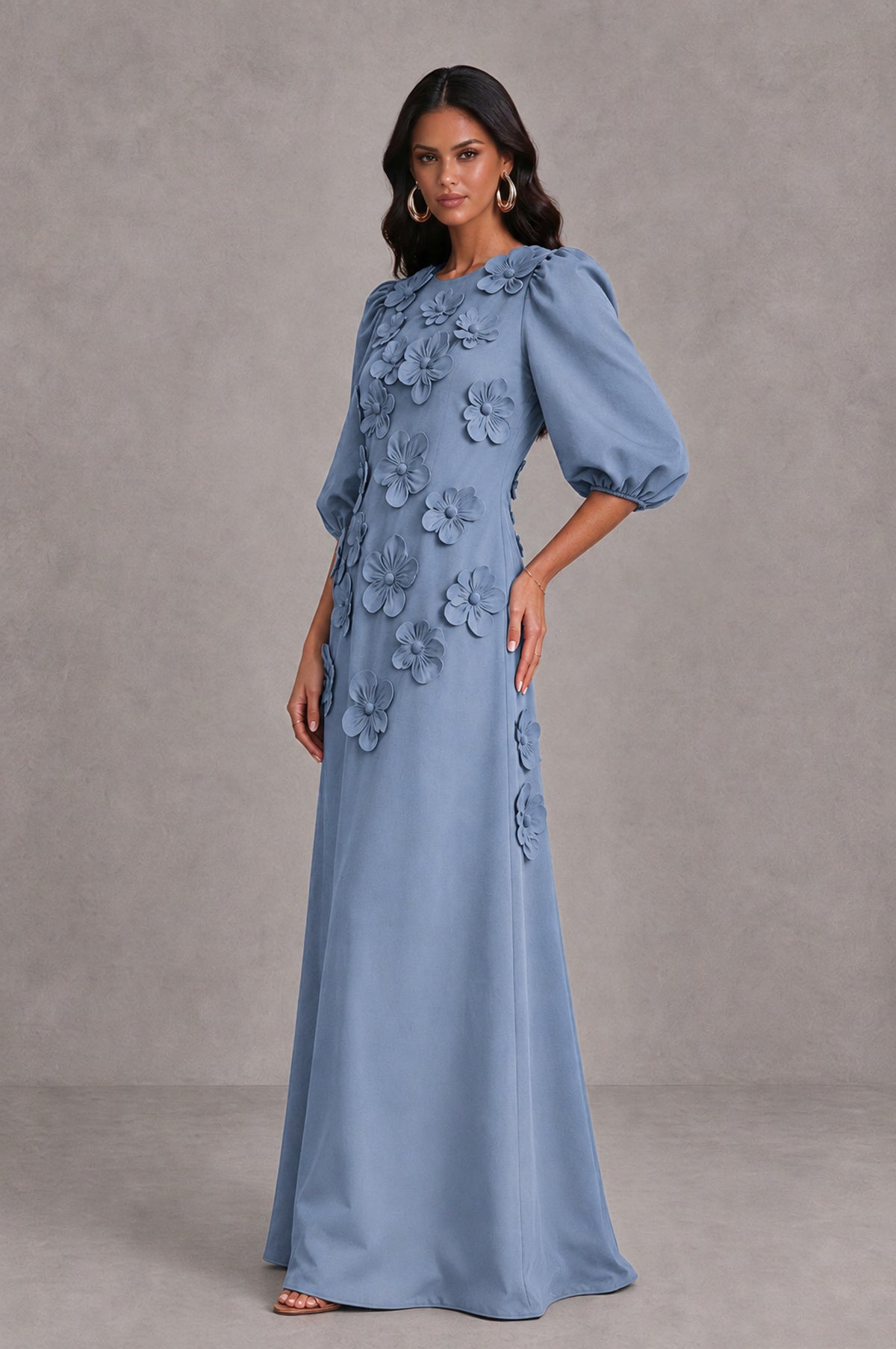 BOLODOO Dusty Blue Floral Applique Puff Sleeve A-Line Evening Dress - Dusty Blue - Dusty Blue (4)