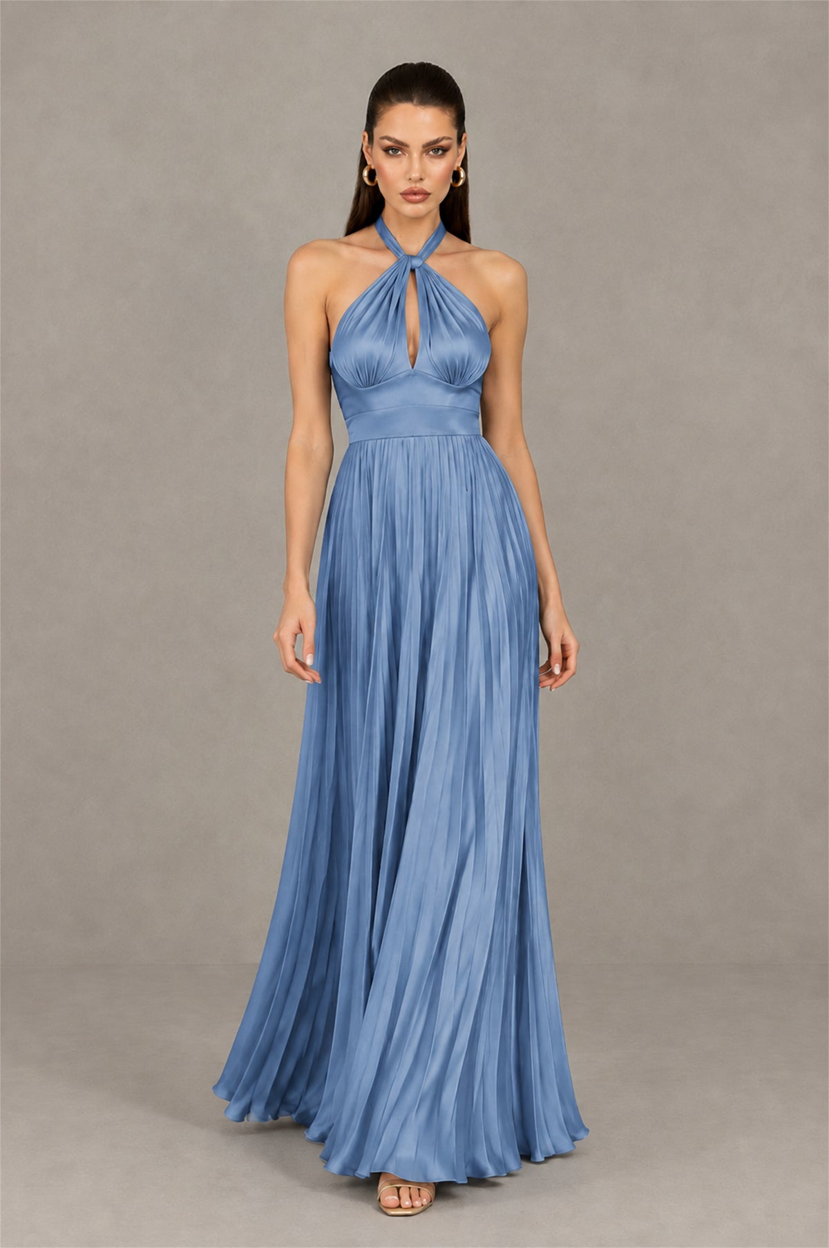 BOLODOO Dusty Blue Halter Pleated A-Line Evening Dress - Dusty Blue
