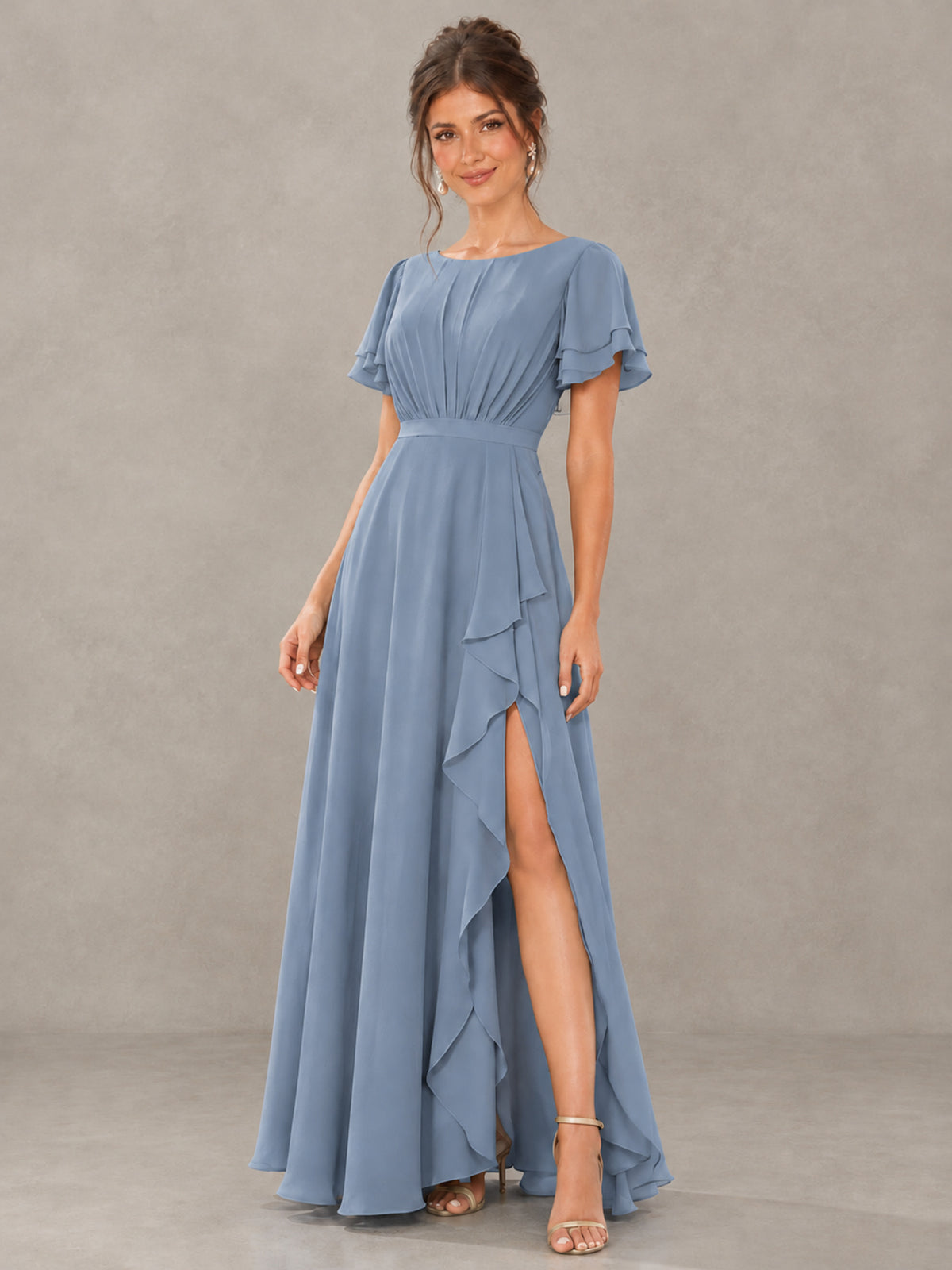 BOLODOO Dusty Blue Flutter Sleeve Ruffle Bridesmaid Dress with Slit - Dusty Blue - Dusty Blue (4)