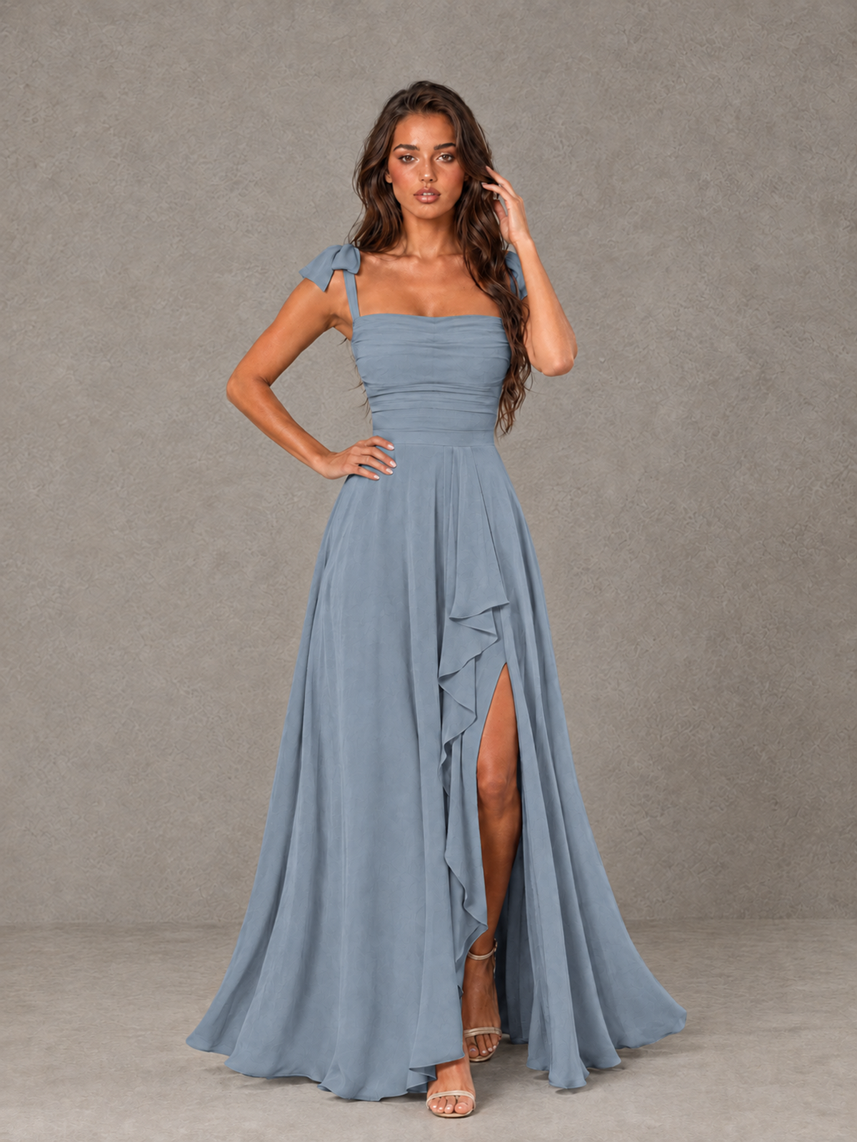 BOLODOO Dusty Blue Bow-Strap Bridesmaid Dress with Ruffle Slit - Dusty Blue - Dusty Blue (4)