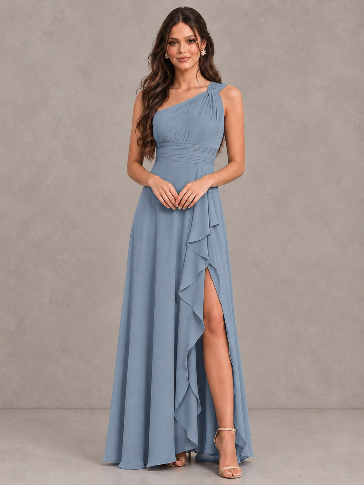 BOLODOO Dusty Blue One-Shoulder Ruffle Bridesmaid Dress with Slit - Dusty Blue - Dusty Blue (4)