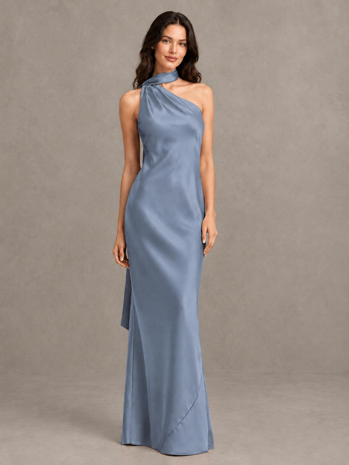 BOLODOO Dusty Blue Satin One-Shoulder Bridesmaid Dress with Open Back - Dusty Blue - Dusty Blue (4)