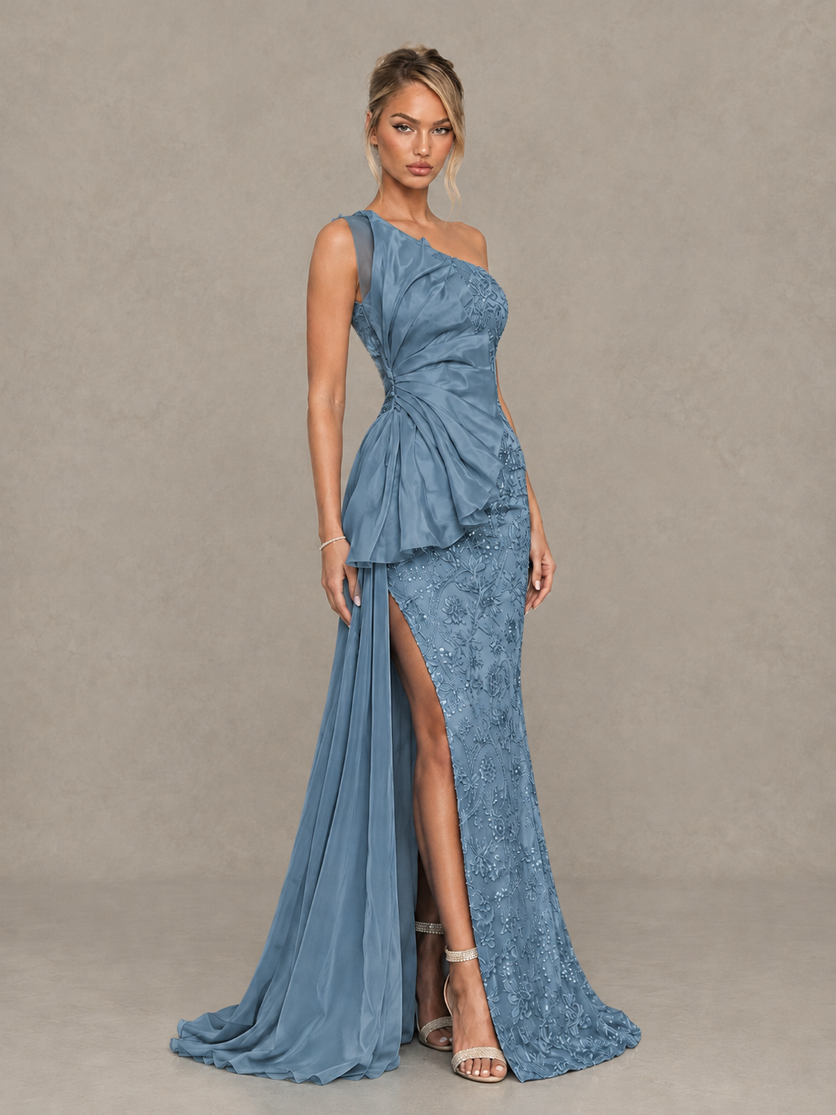 BOLODOO Dusty Blue One-Shoulder Floral Lace Evening Gown with High Slit - Dusty Blue - Dusty Blue (4)
