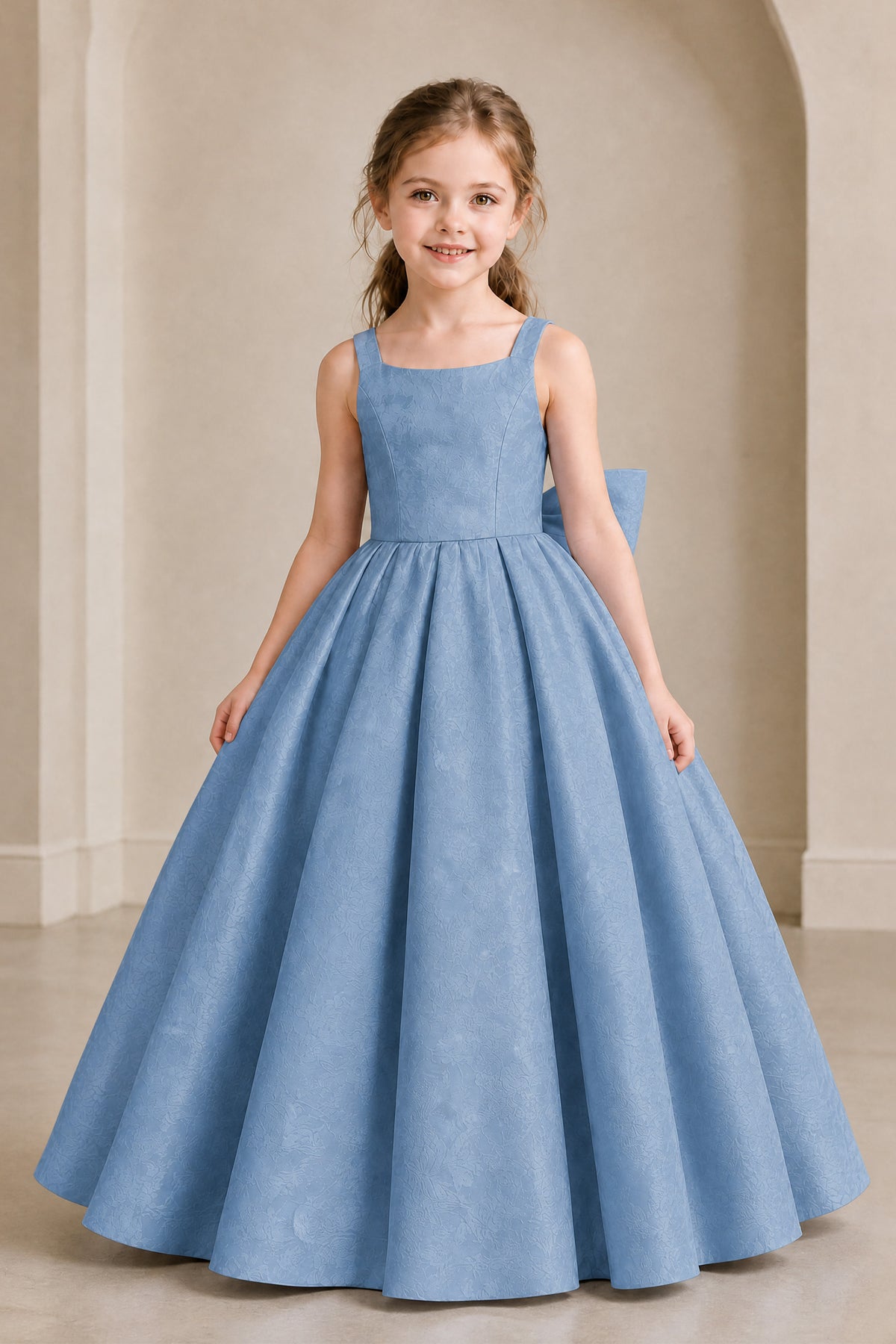 BOLODOO Dusty Blue Girls' A-Line Flower Girl Dress with Back Bow - Dusty Blue