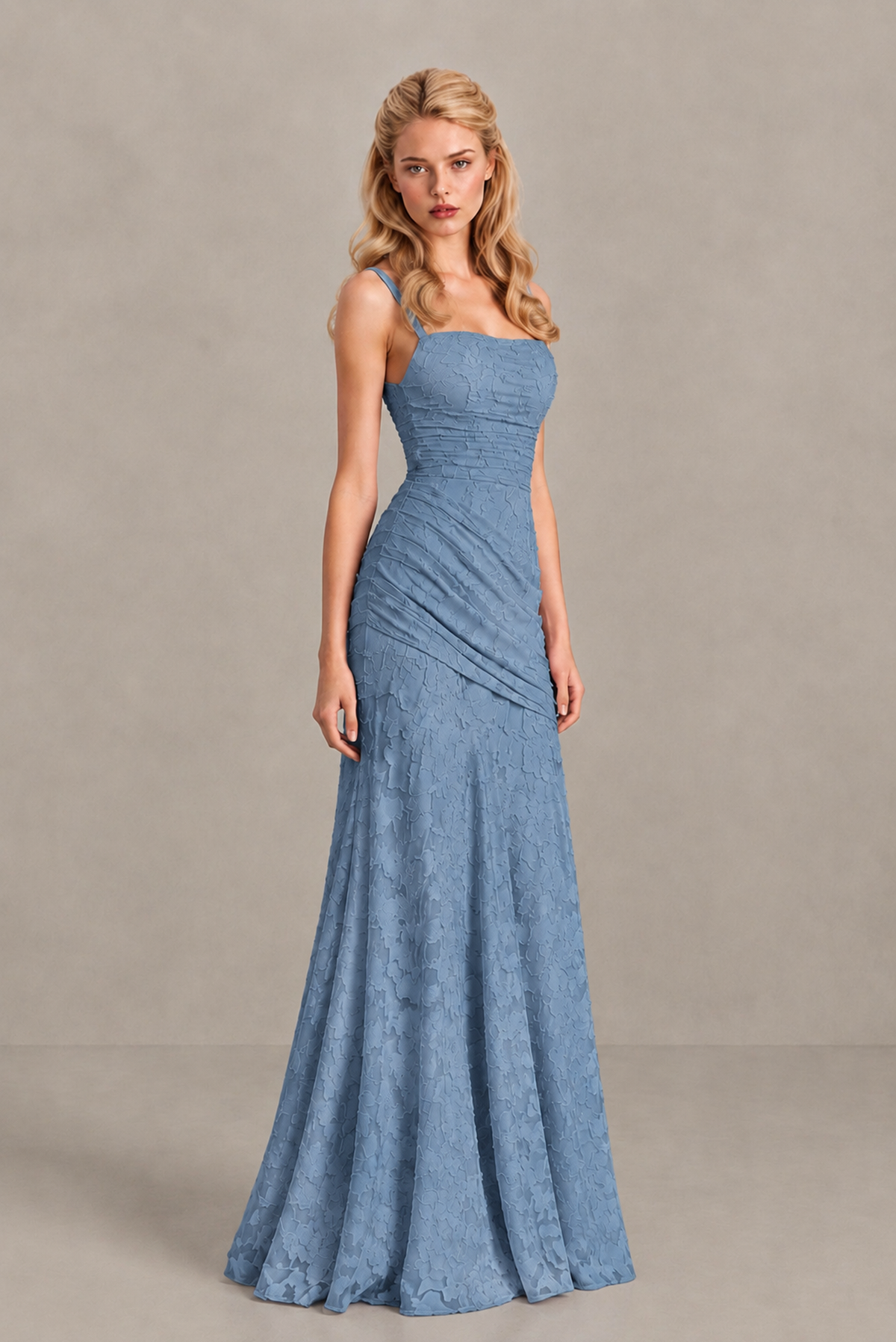 BOLODOO Dusty Blue Ruched Floral Maxi Dress with Lace-Up Back - Dusty Blue
