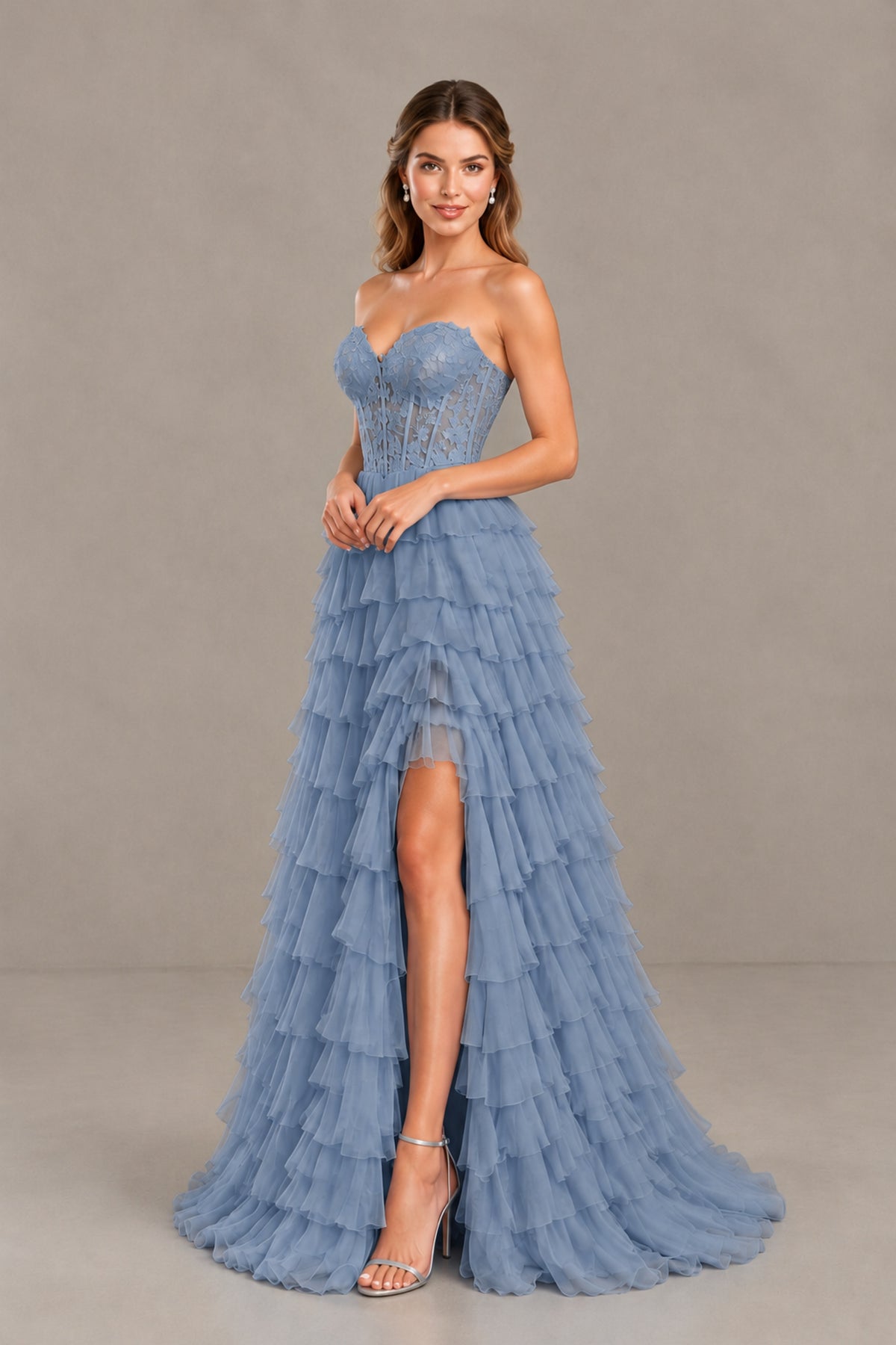 BOLODOO Dusty Blue Strapless Lace Corset Tiered Ruffle Prom Dress with Slit - Dusty Blue - Dusty Blue (4)