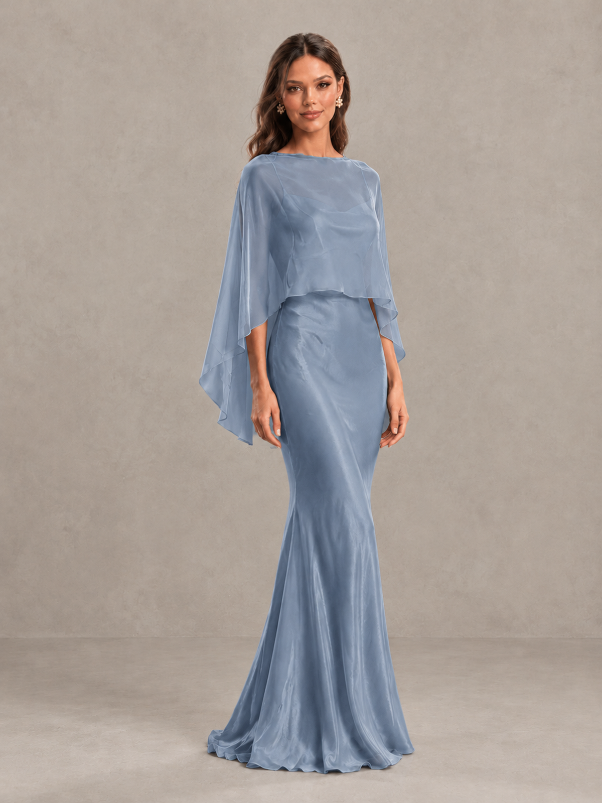 BOLODOO Dusty Blue Satin Mermaid Bridesmaid Dress with Chiffon Cape - Dusty Blue - Dusty Blue (4)
