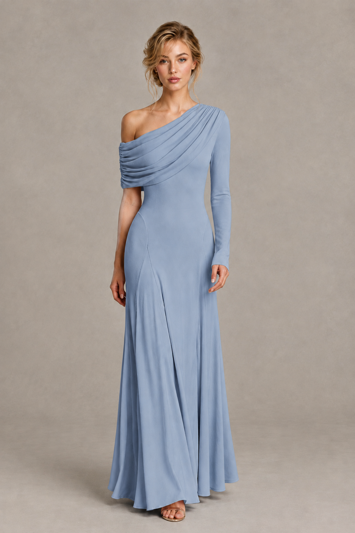 BOLODOO Dusty Blue Asymmetric Draped Long Sleeve Evening Gown - Dusty Blue