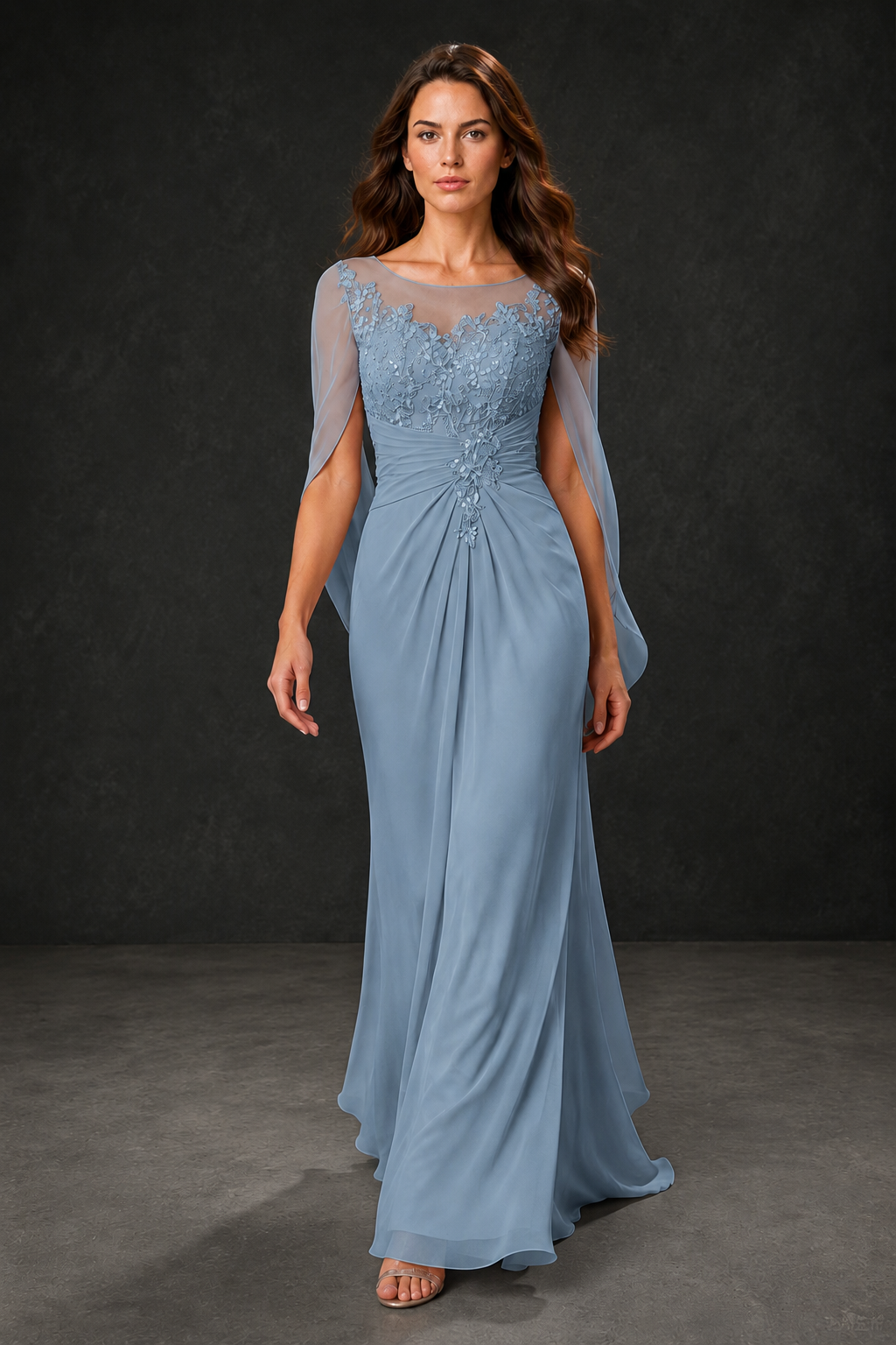 BOLODOO Dusty Blue Illusion Lace One-Side Cape Sleeve Beaded Chiffon Floor Length Gown | Mother of the Bride Evening Dress - Dusty Blue