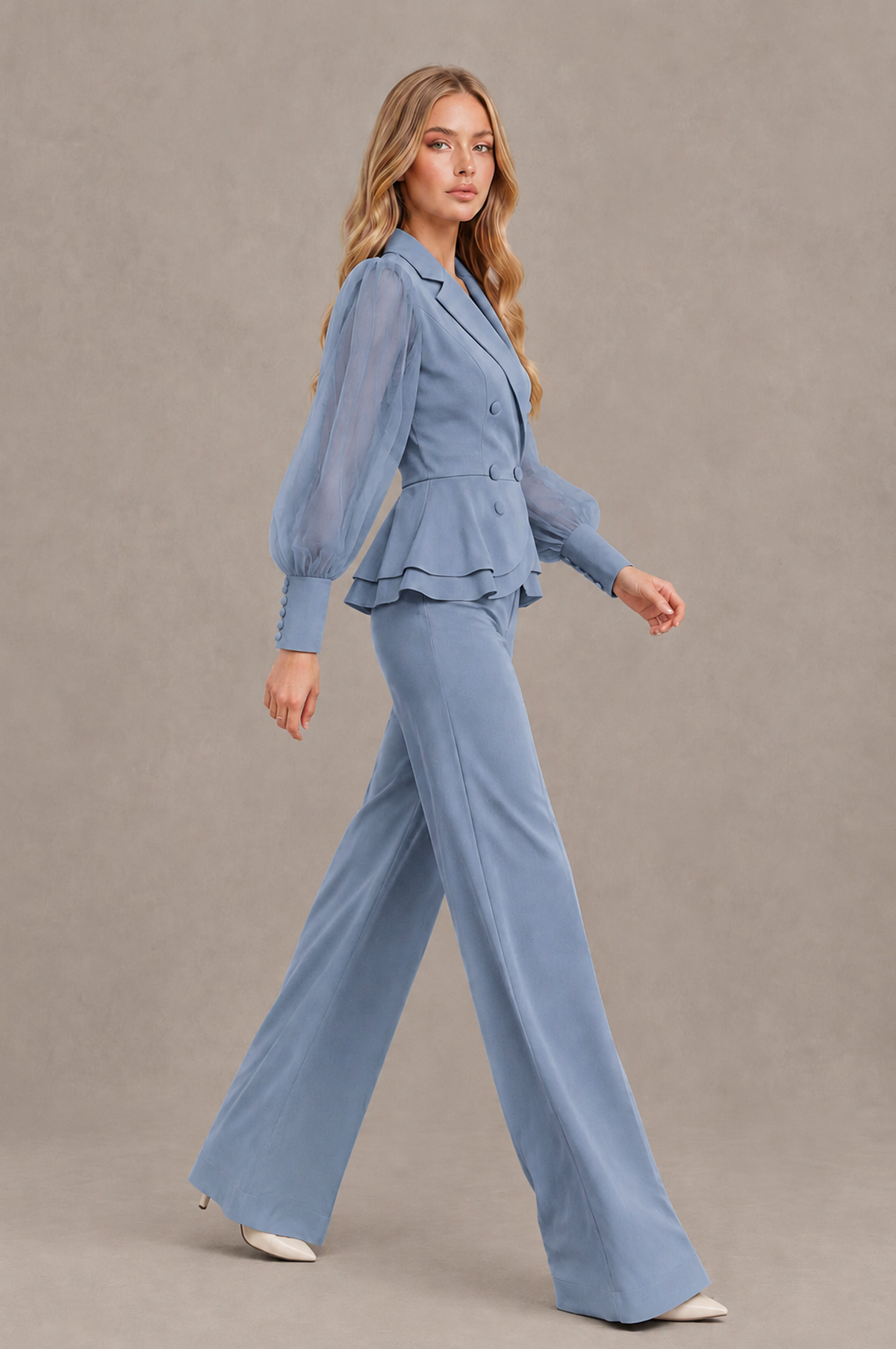 BOLODOO Mint Dusty Blue Peplum Blazer Wide-Leg Pantsuit with Sheer Puff Sleeves - Dusty Blue