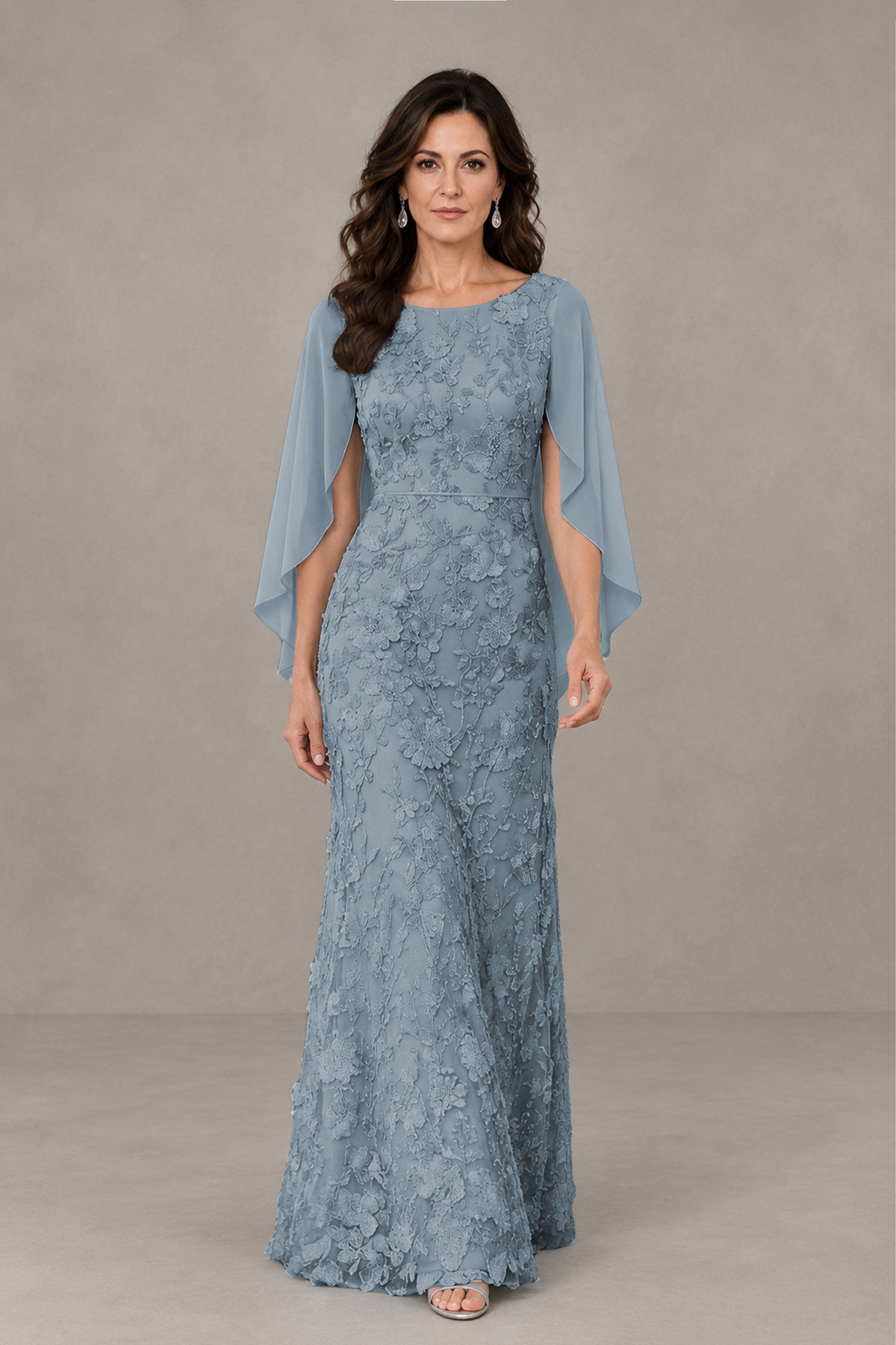 BOLODOO Dusty Blue Lace Mother of the Bride Dress with Cape Sleeves - Dusty Blue