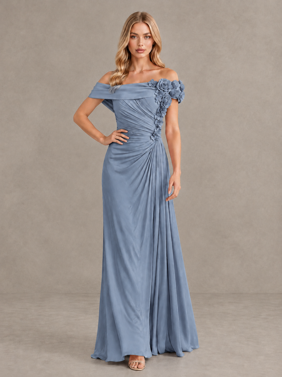 BOLODOO Dusty Blue Off-Shoulder Floral Applique Wedding Guest Maxi Dress - Dusty Blue - Dusty Blue (4)