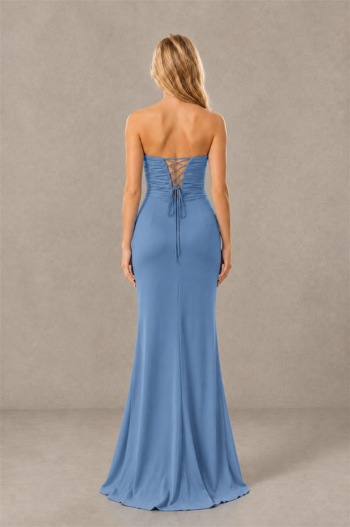 BOLODOO Dusty Blue Sweetheart Strapless Twist Knot Cutout Lace-Up Back Satin Mermaid Maxi Dress - Dusty Blue - Dusty Blue (4)