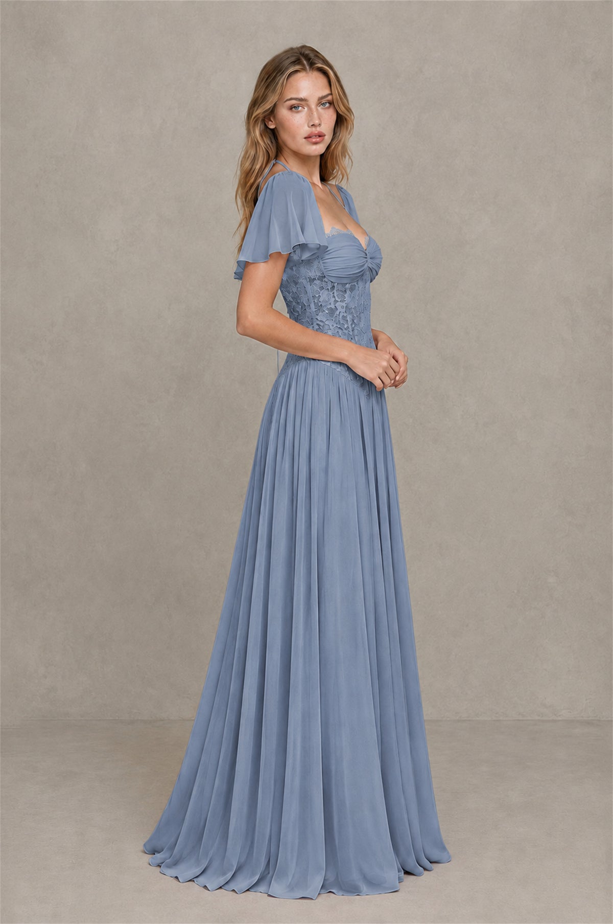 BOLODOO Dusty Blue Flutter Sleeve Lace Corset A-Line Maxi Dress - Dusty Blue - Dusty Blue (4)