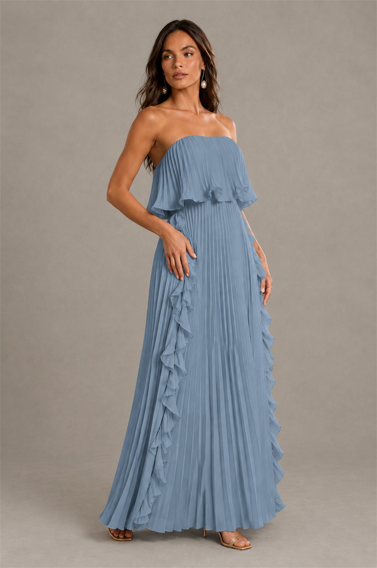 BOLODOO Dusty Blue Strapless Ruffle Bodice Dual Cascading Ruffle Accordion Pleated Chiffon Maxi Dress - Dusty Blue