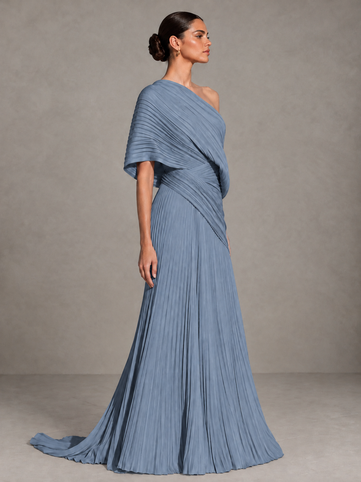 BOLODOO Dusty Blue One-Shoulder Pleated Cape Evening Gown with Train - Dusty Blue - Dusty Blue (4)