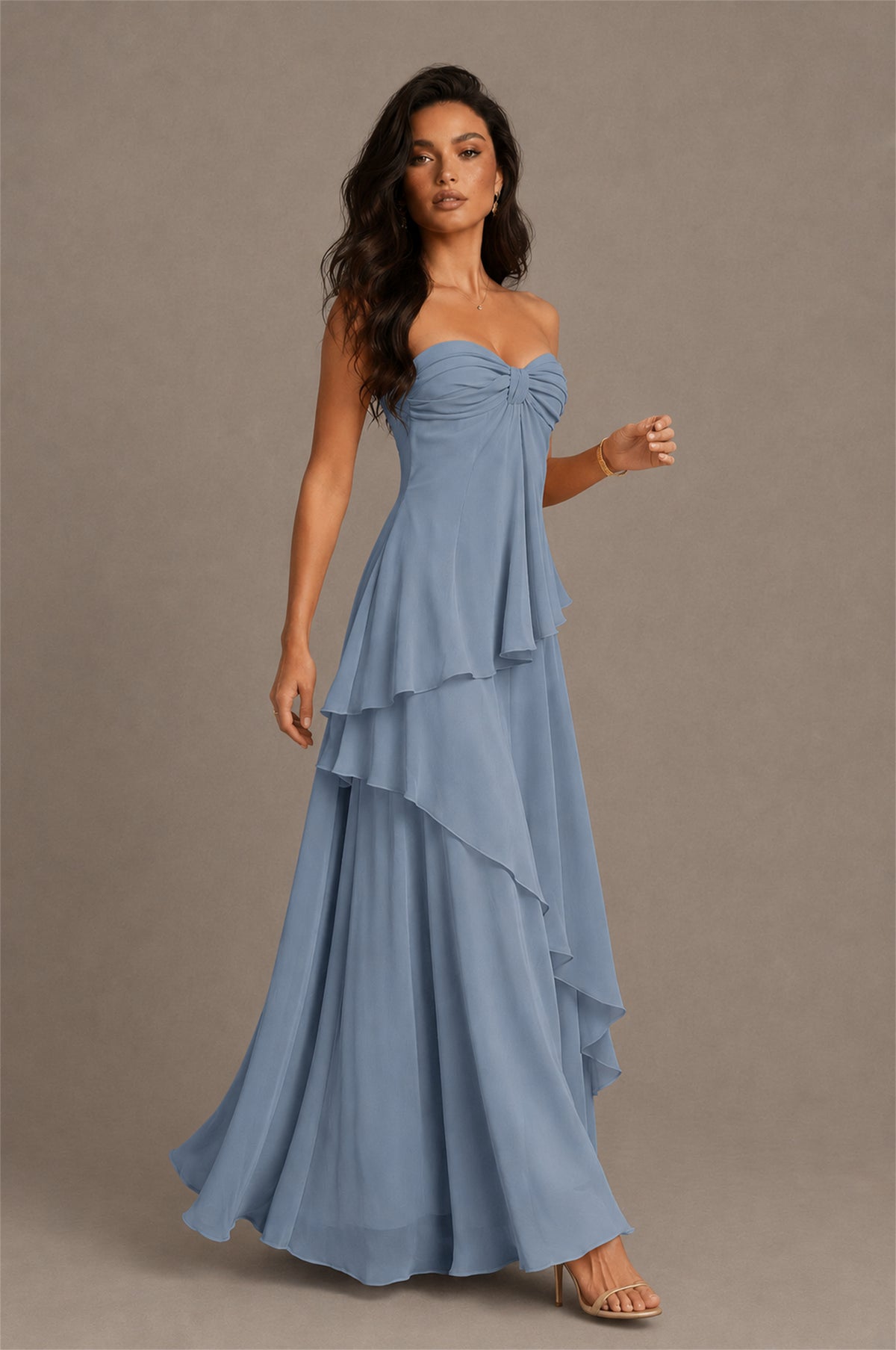 BOLODOO Dusty Blue Strapless Sweetheart Knotted Chiffon Tiered Maxi Dress with Lace-Up Back - Dusty Blue