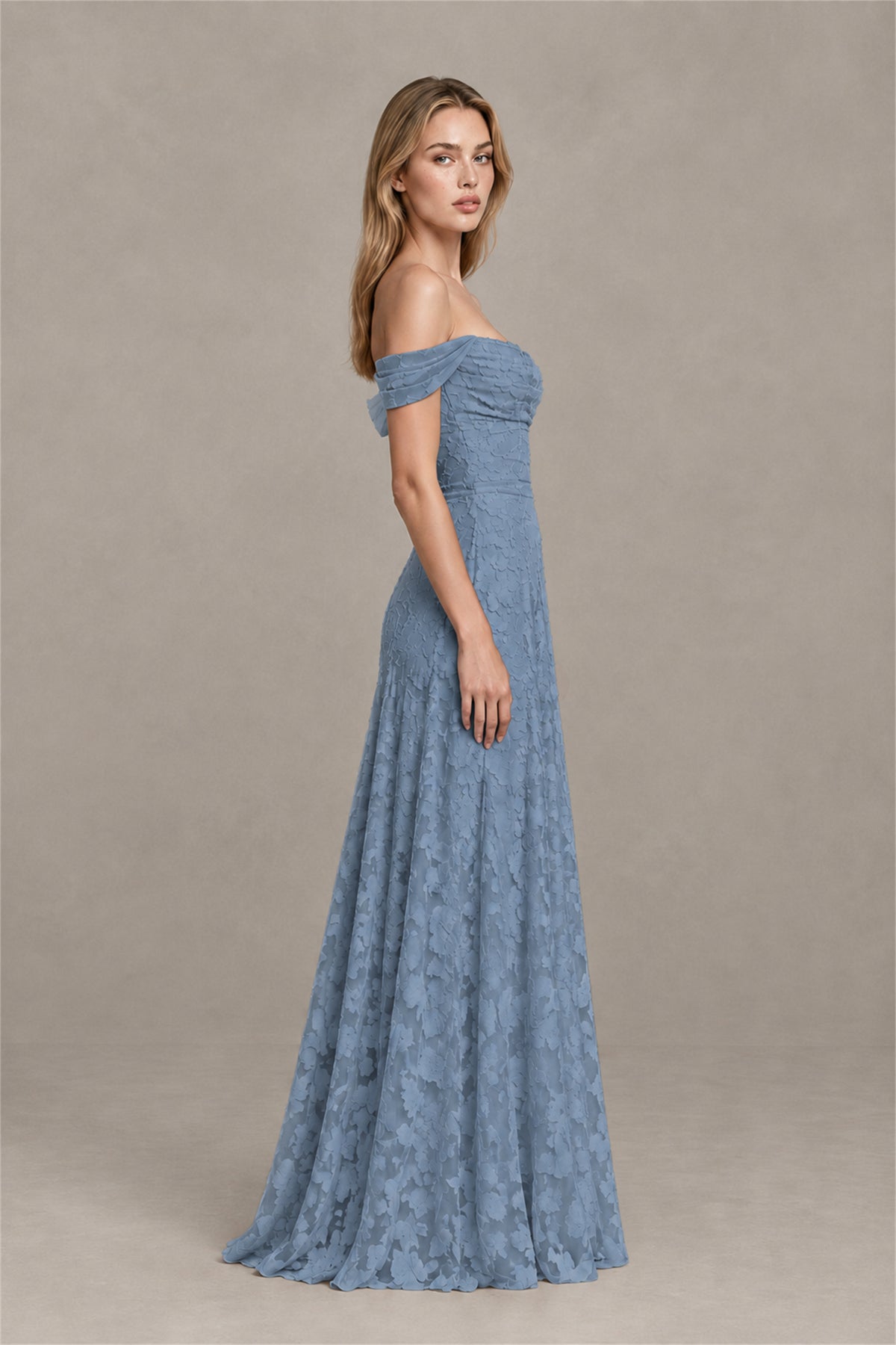 BOLODOO Dusty Blue Off-Shoulder Pleated A-Line Maxi Dress Floral - Dusty Blue