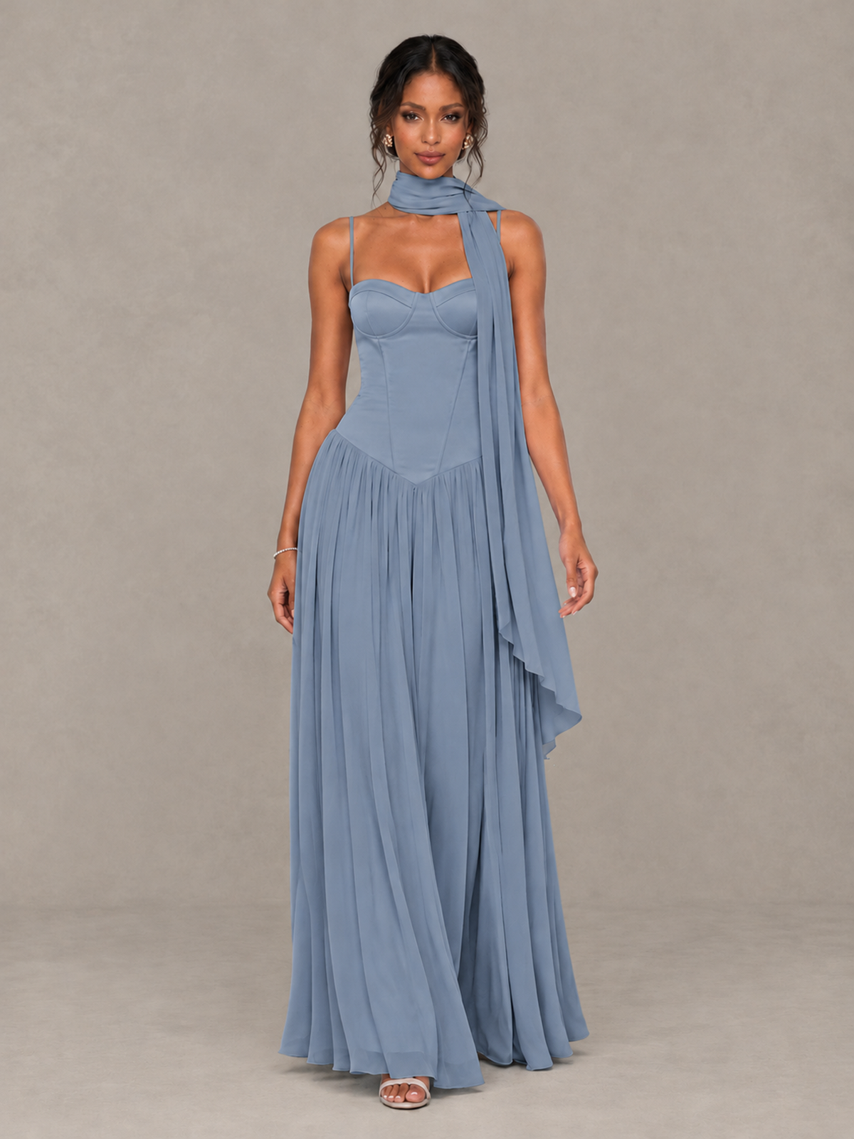 BOLODOO Dusty Blue Corset Bridesmaid Dress with Scarf - Dusty Blue - Dusty Blue (4)