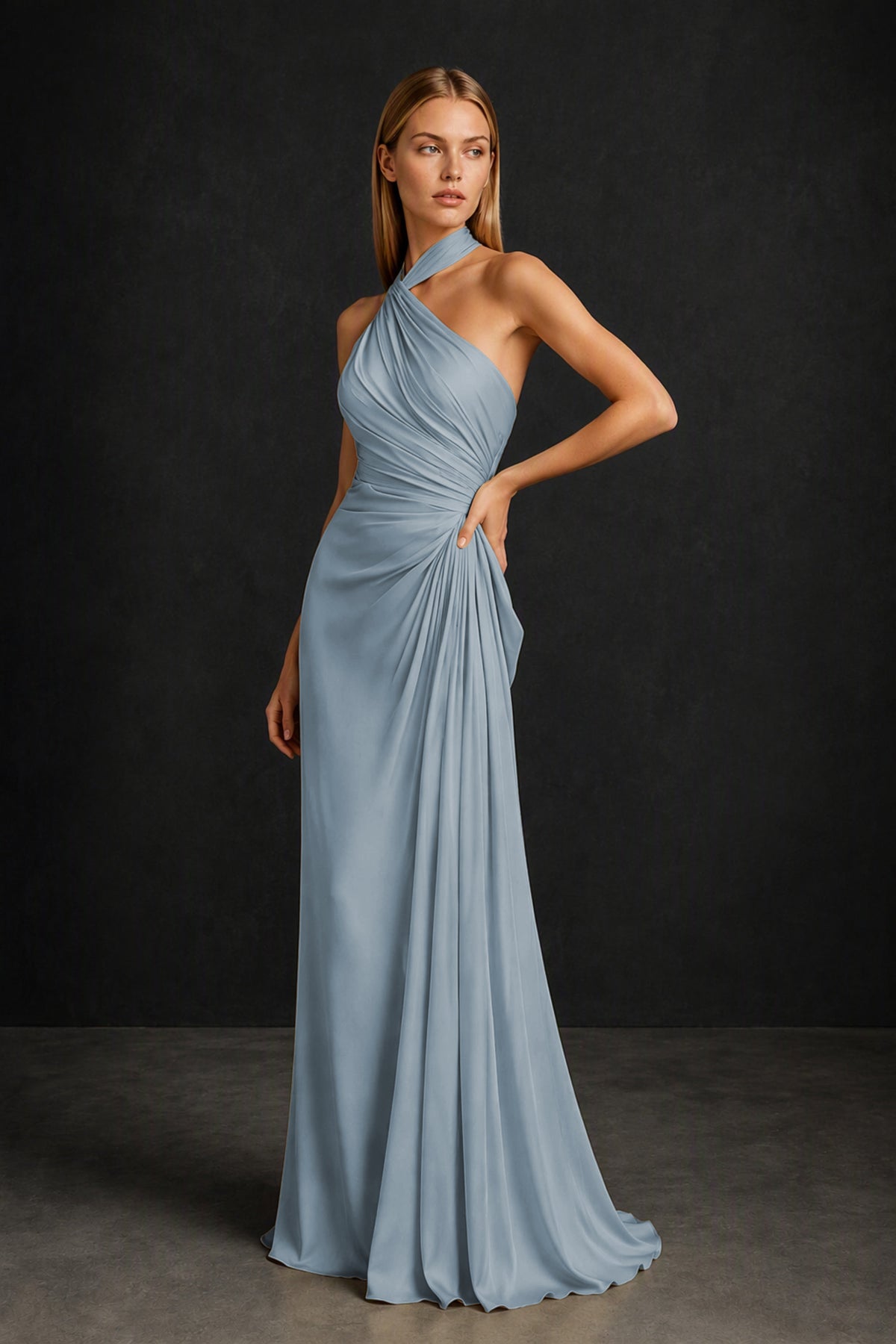 BOLODOO Dusty Blue Twisted Halter Neck Ruched Sleeveless Open Back Floor-Length Gown - Dusty Blue