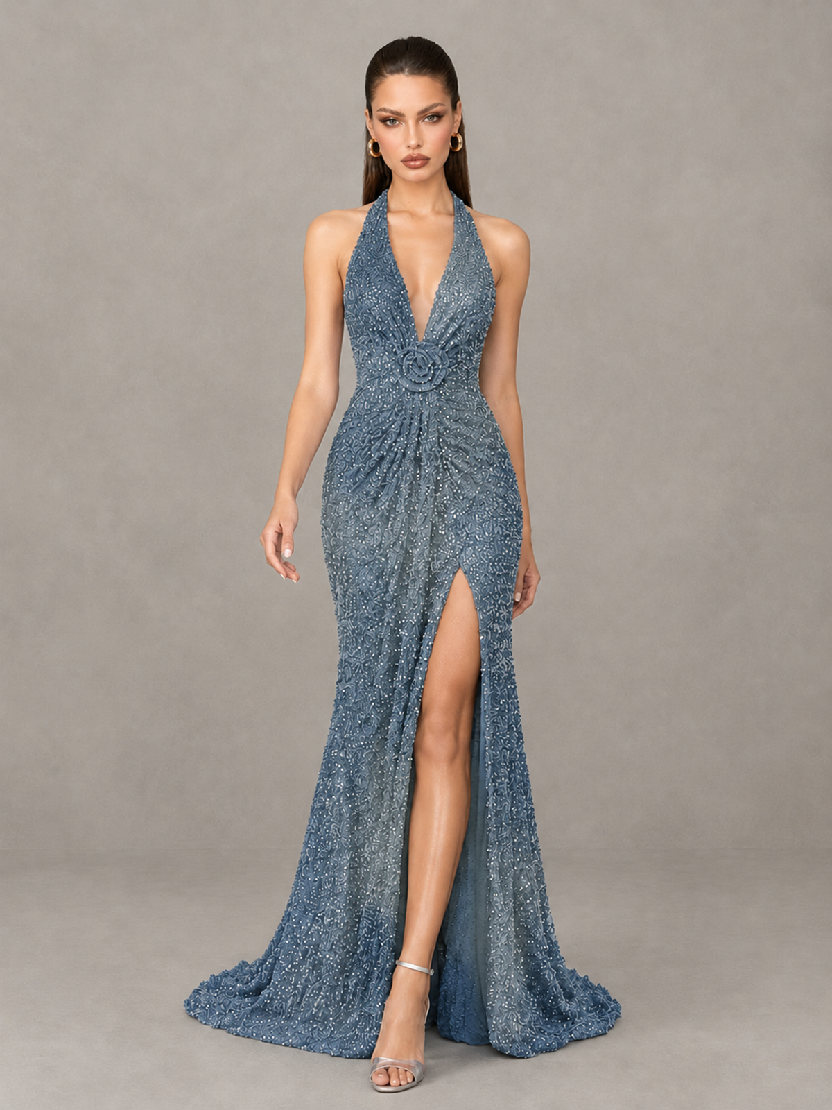 BOLODOO Dusty Blue Sequin Halter Open Back Evening Gown with High Slit - Dusty Blue - Dusty Blue (4)
