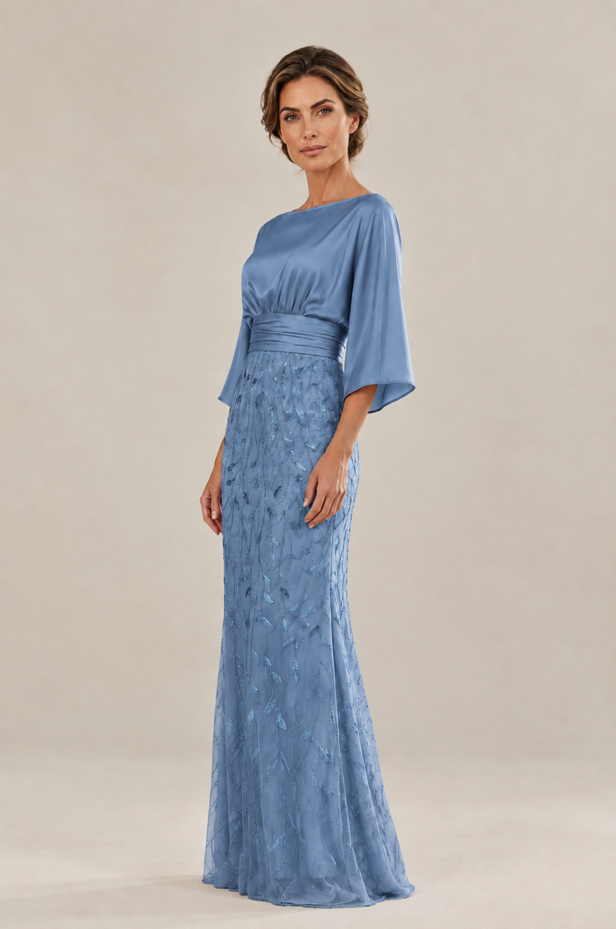 BOLODOO Dusty Blue Mother of the Bride Dress with Kimono Sleeves, Satin Bodice & Sequin Embroidered Mermaid Floor-Length Gown - Dusty Blue - Dusty Blue (4)