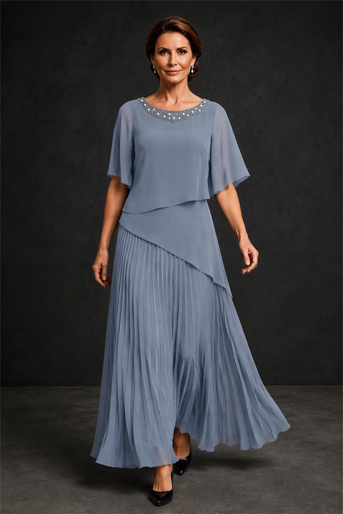 BOLODOO Dusty Blue Pearl Beaded Neck Asymmetric Tiered Flutter Sleeve Pleated Chiffon Maxi Dress - Dusty Blue