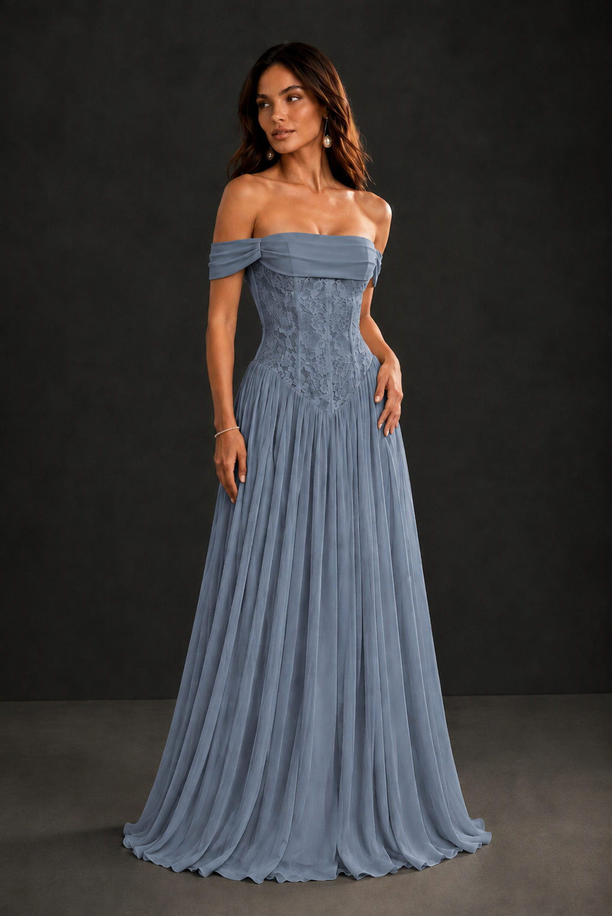 BOLODOO Dusty Blue Off-Shoulder Lace Corset Tulle Maxi Dress - Dusty Blue
