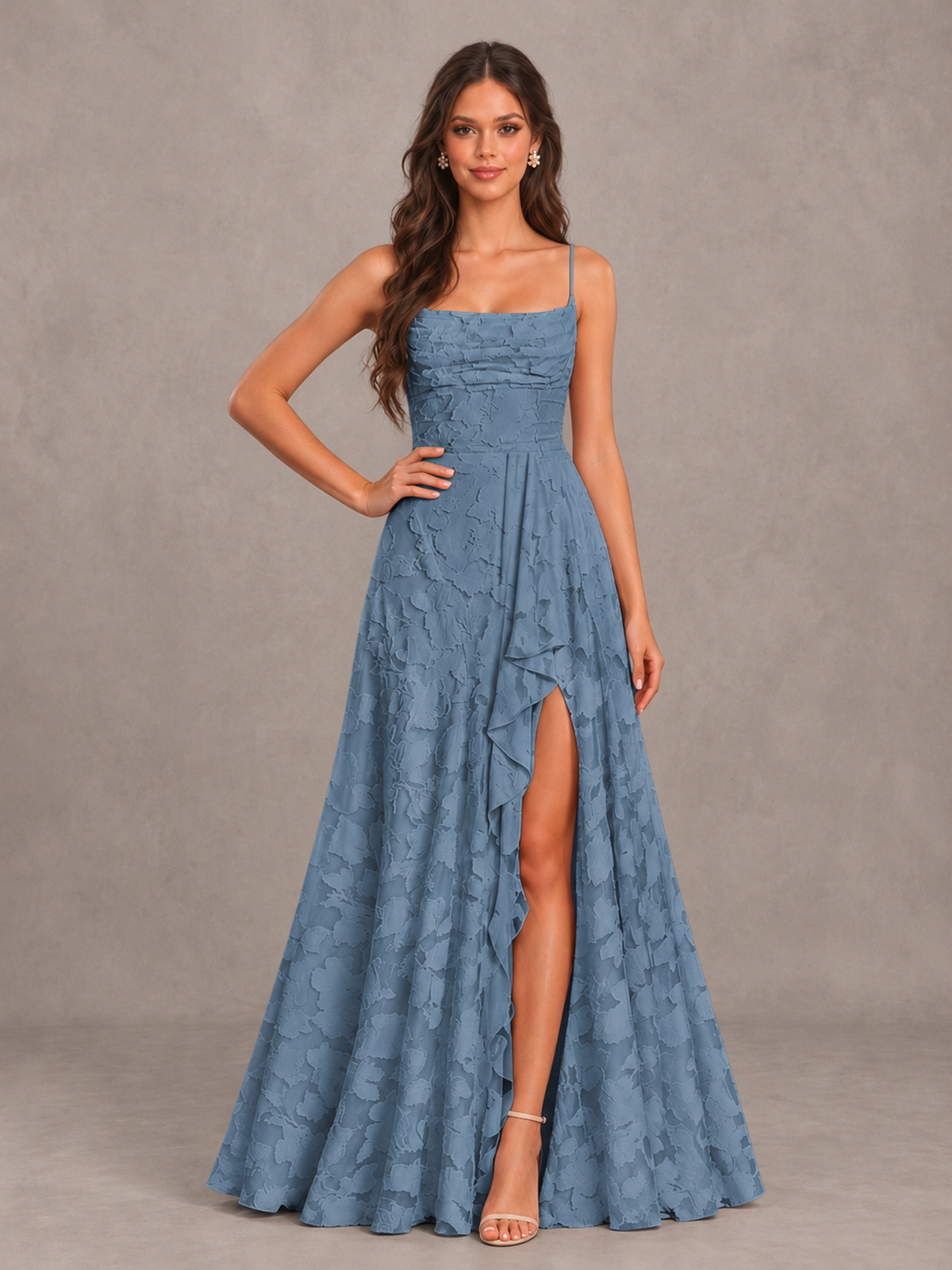 BOLODOO Dusty Blue Floral Appliqué Slit Maxi Dress - Dusty Blue - Dusty Blue (4)