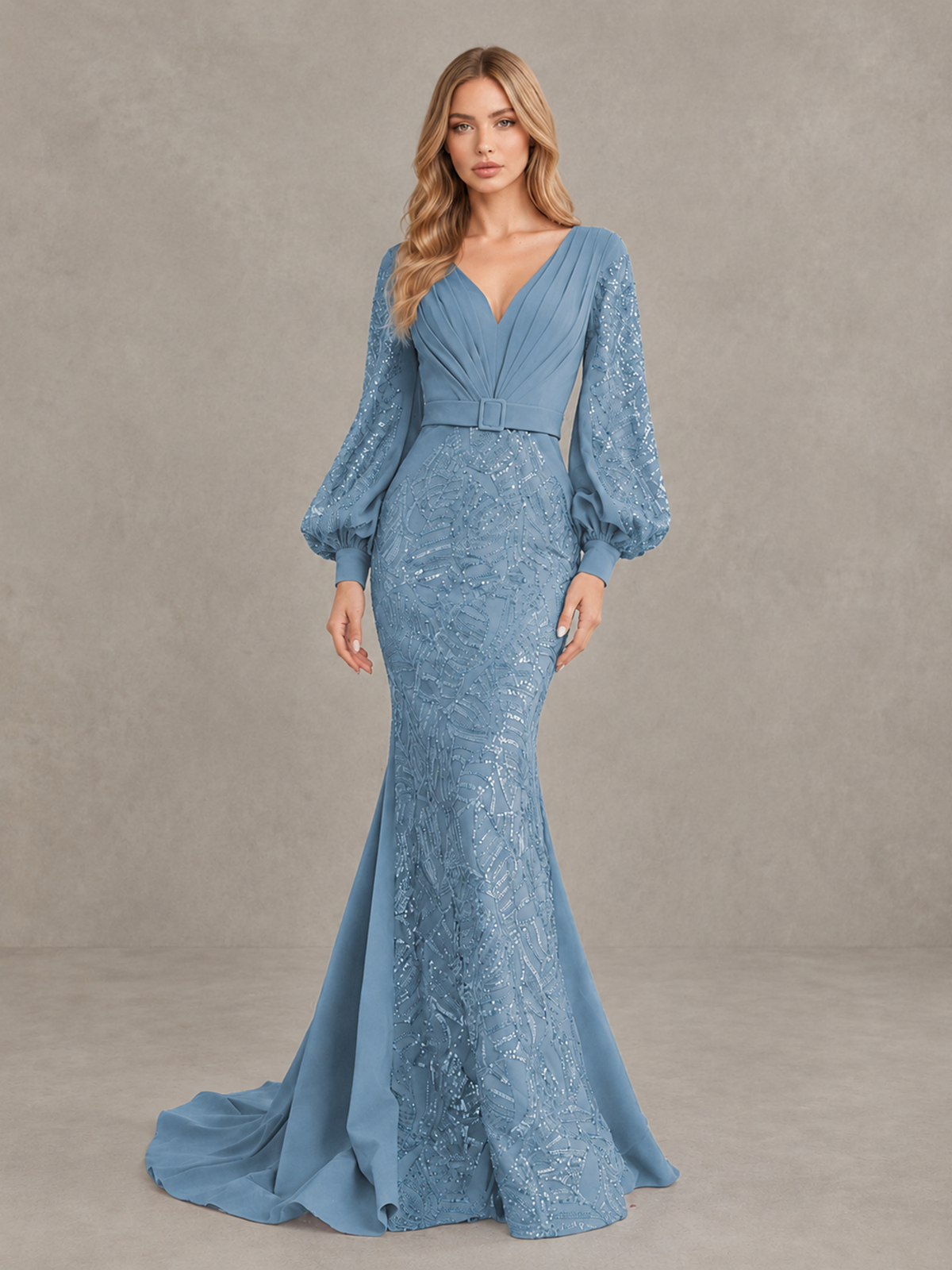 BOLODOO Dusty Blue Sequin Long Bishop Sleeve Mermaid Evening Dress - Dusty Blue - Dusty Blue (4)