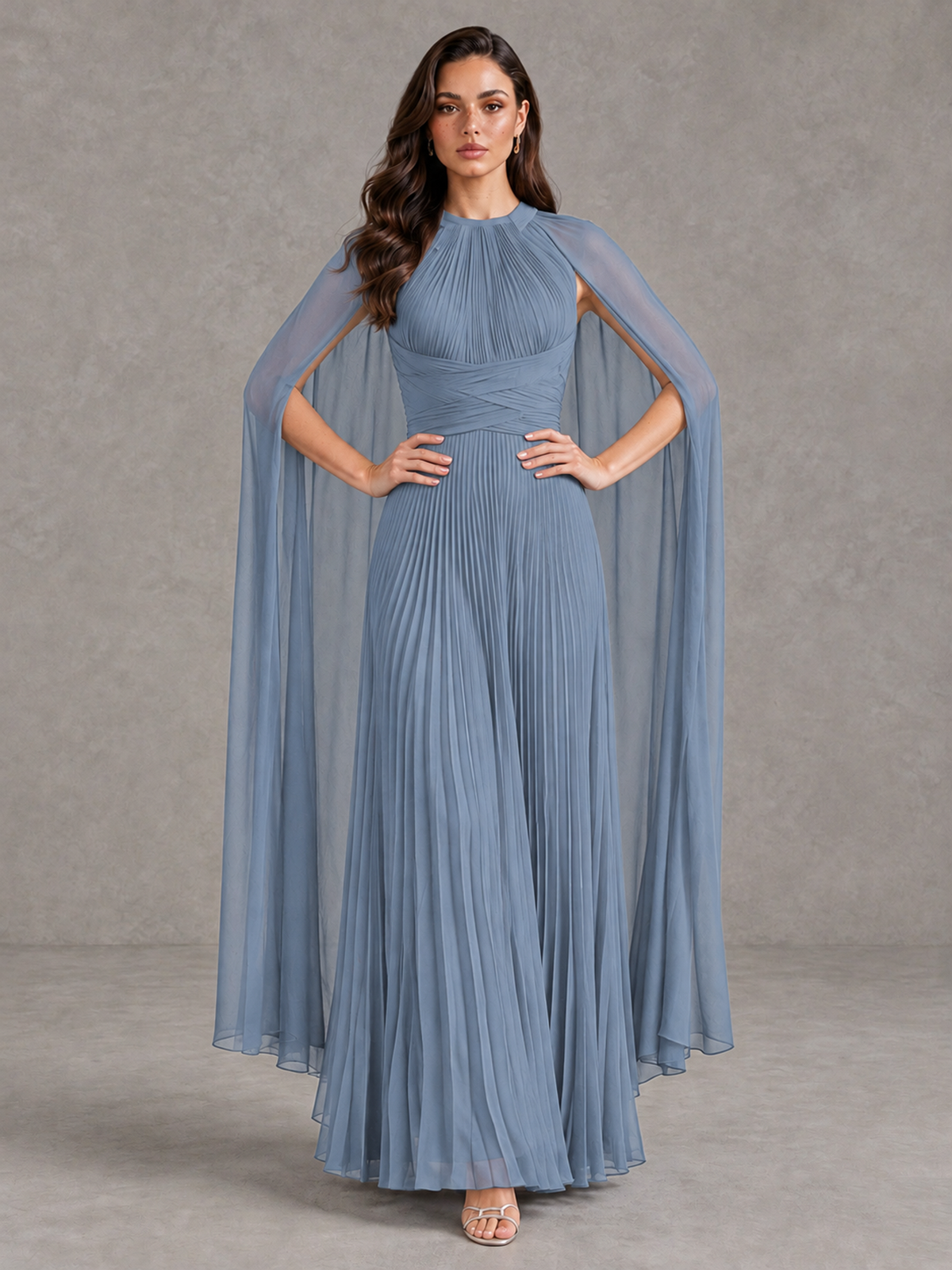 BOLODOO Dusty Blue Pleated Cape Maxi Wedding Guest Dress - Dusty Blue - Dusty Blue (4)
