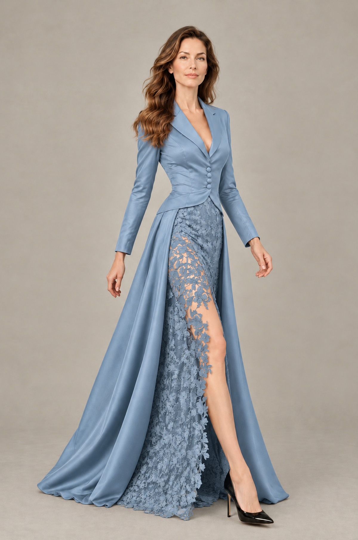 BOLODOO Dusty Blue Long Sleeve Lace Blazer Gown with High Slit - Dusty Blue - Dusty Blue (4)