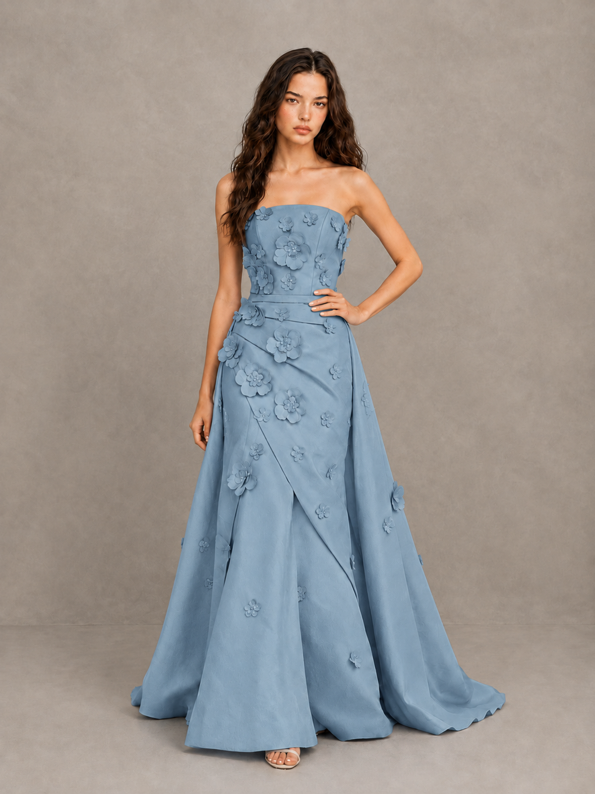 BOLODOO Dusty Blue Strapless 3D Floral Applique Prom Gown with Draped Skirt - Dusty Blue - Dusty Blue (4)