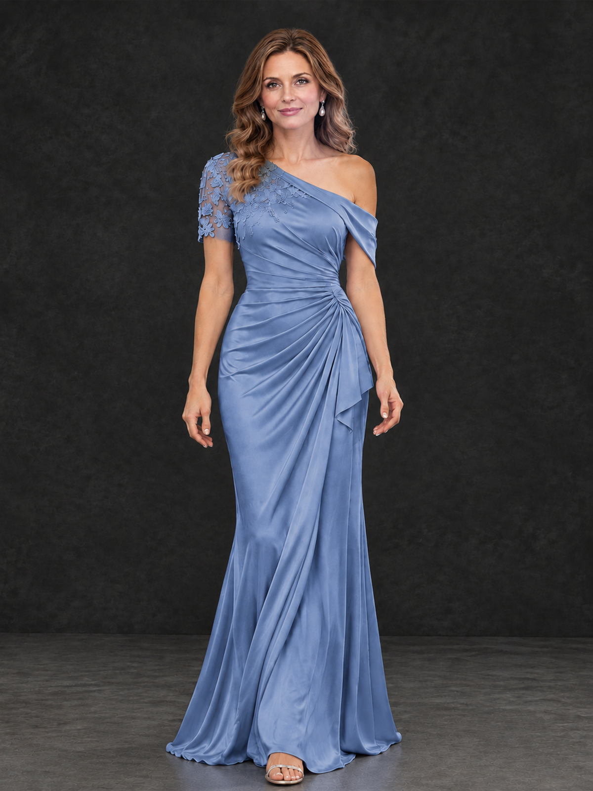 BOLODOO Dusty Blue Asymmetric Satin Mother of the Bride Dress with Lace Sleeve - Dusty Blue - Dusty Blue (4)