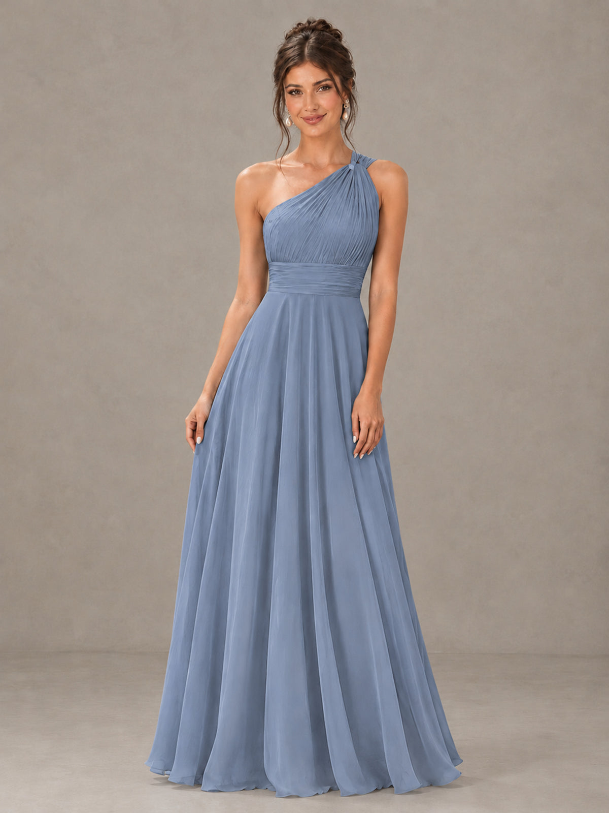 BOLODOO Dusty Blue One-Shoulder Chiffon-Look Bridesmaid Dress - Dusty Blue - Dusty Blue (4)