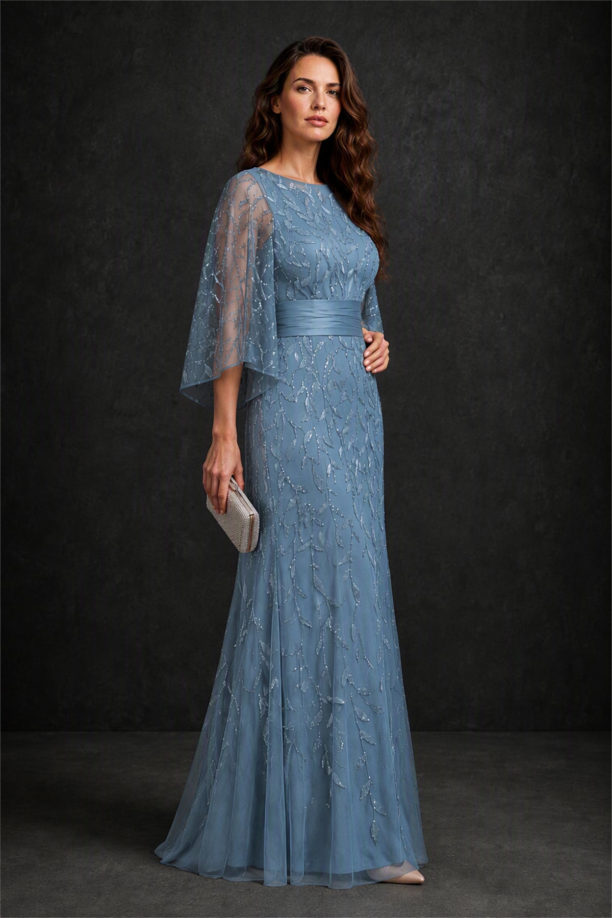 BOLODOO Dusty Blue Bateau Neck Bell Sleeve Sequin Embroidered Satin Waist A-Line Maxi Dress - Dusty Blue