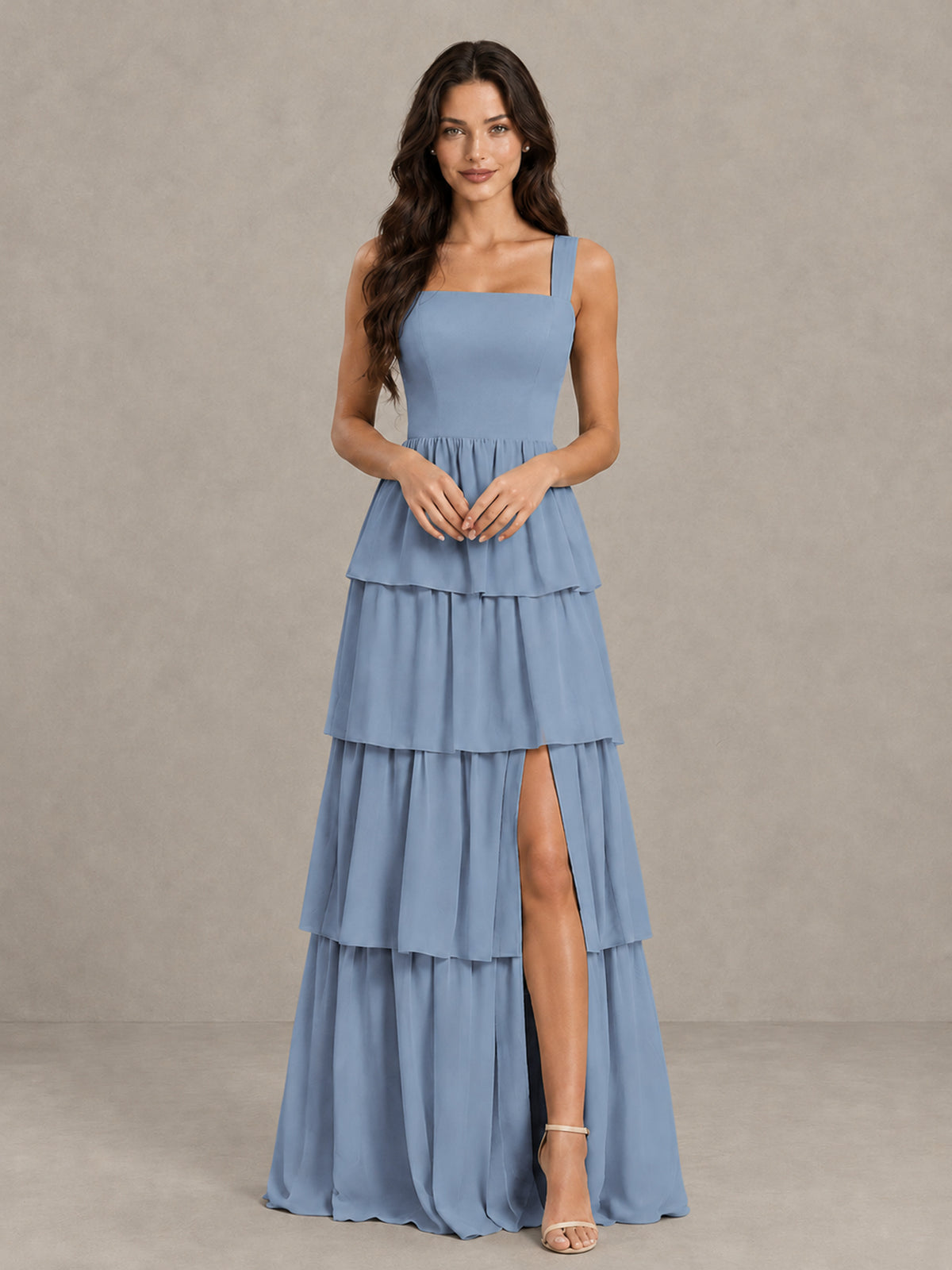 BOLODOO Dusty Blue Square Neck Tiered Bridesmaid Dress with Slit - Dusty Blue - Dusty Blue (4)
