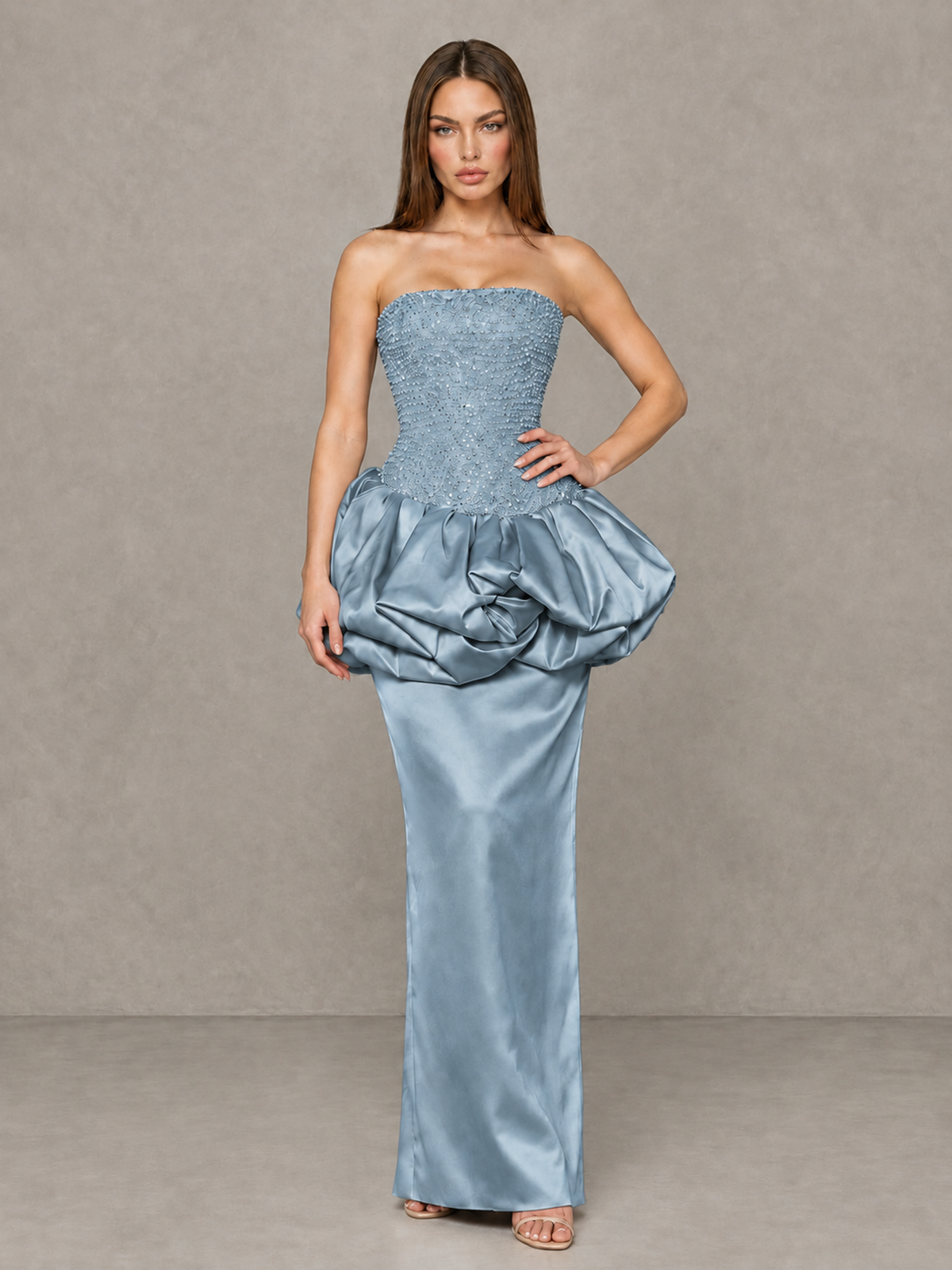 BOLODOO Dusty Blue Strapless Embellished Bubble Peplum Evening Dress - Dusty Blue - Dusty Blue (4)