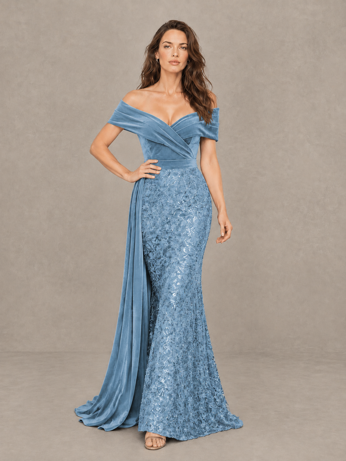 BOLODOO Dusty Blue Off-Shoulder Velvet & Sequin Evening Gown with Side Train - Dusty Blue - Dusty Blue (4)