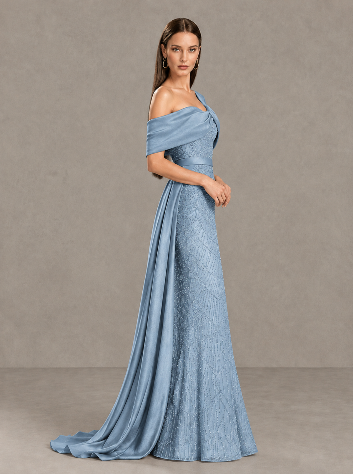 BOLODOO Dusty Blue Asymmetric Draped Mermaid Evening Gown with Train - Dusty Blue - Dusty Blue (4)
