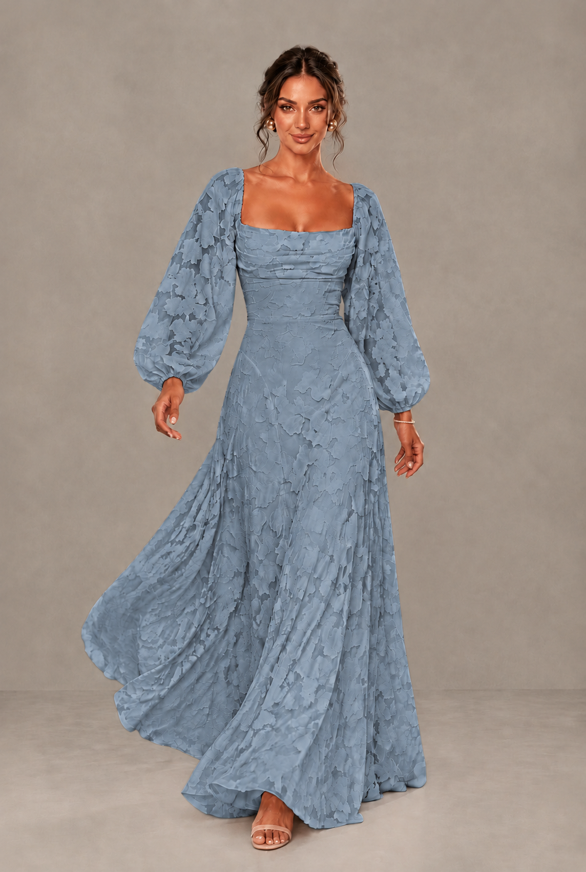 BOLODOO Floral Dusty Blue Long Sleeve A-Line Dress with Lace-Up Back - Dusty Blue