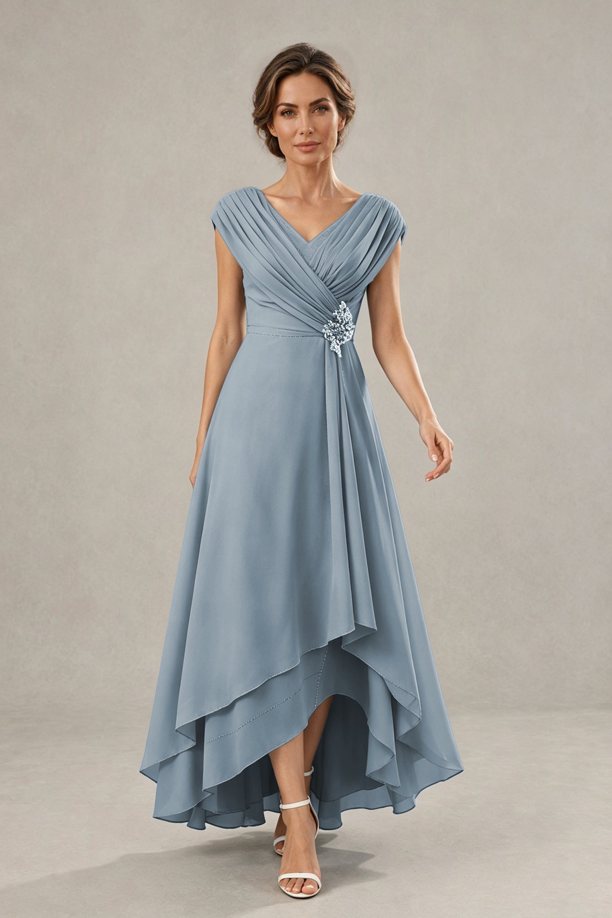BOLODOO Dusty Blue V-Neck High-Low Mother of the Bride Dress - Dusty Blue