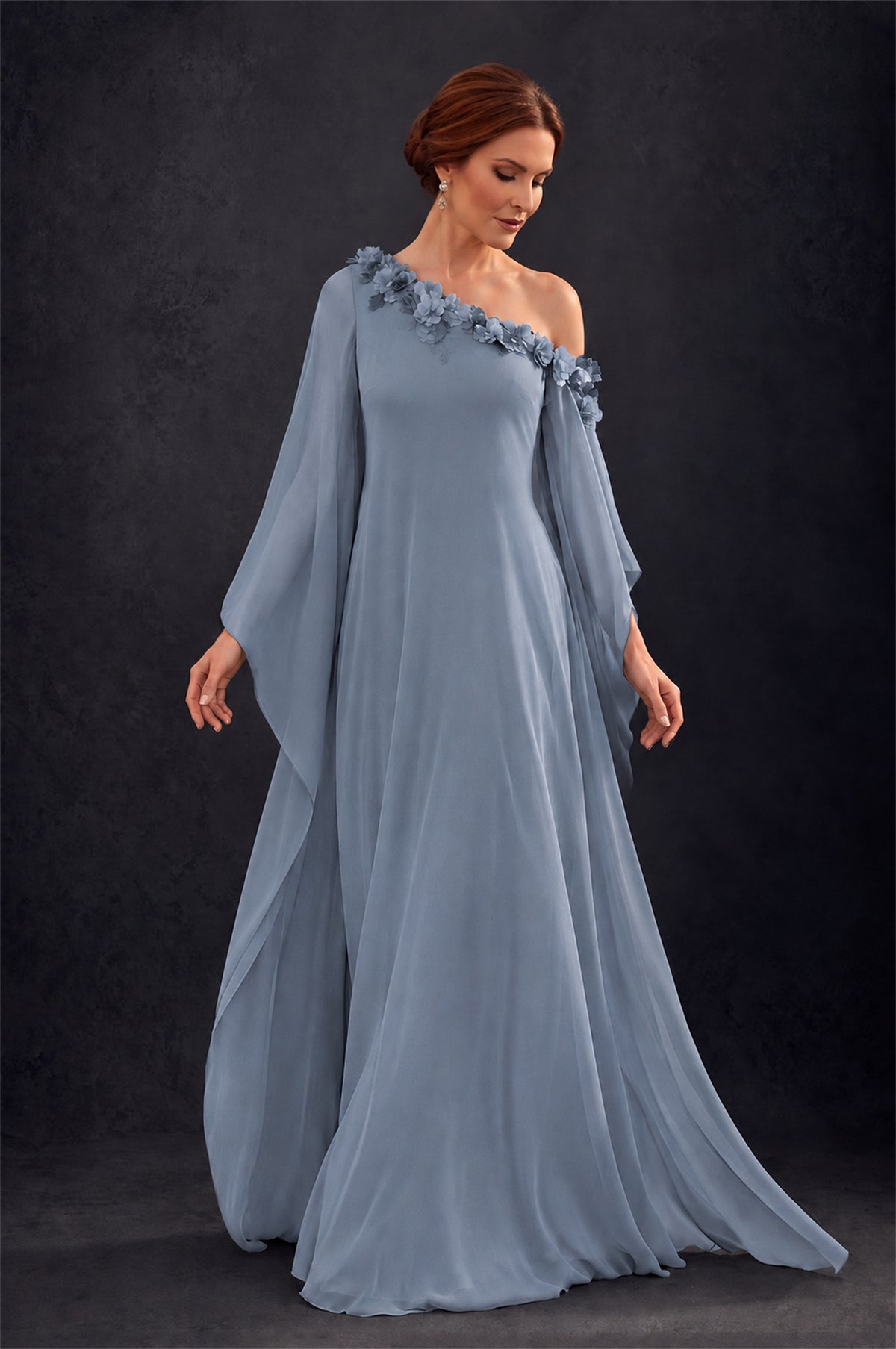 BOLODOO Dusty Blue 2-Piece Set: Off-Shoulder 3D Floral Cape Gown & One-Shoulder Wide-Leg Jumpsuit | BD0373 - Dusty Blue