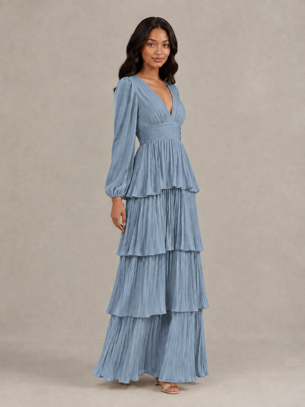 BOLODOO Dusty Blue Long-Sleeve Tiered Maxi Dress with Deep V-Neck - Dusty Blue