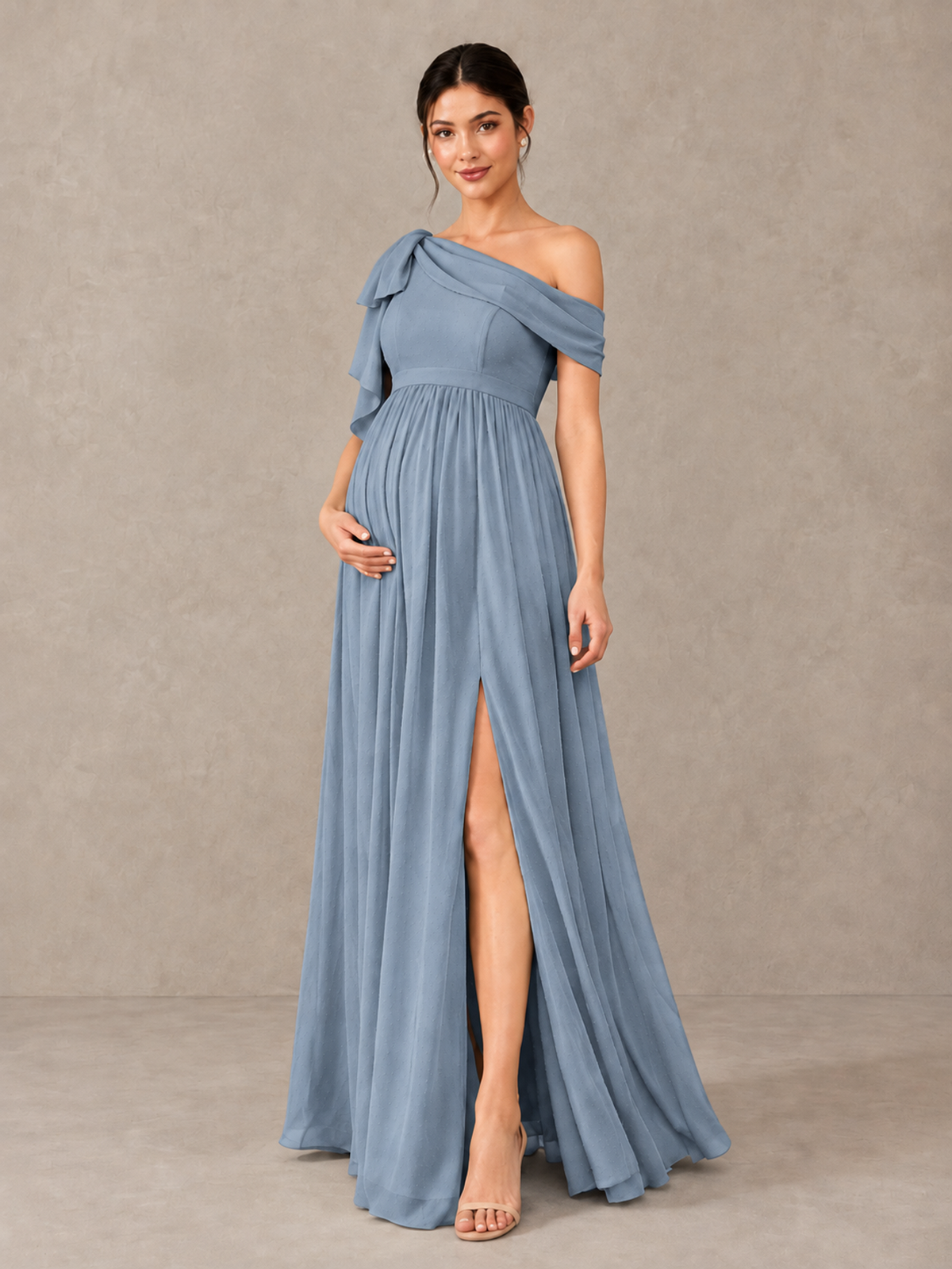BOLODOO Dusty Blue One-Shoulder Maternity Bridesmaid Dress with Slit - Dusty Blue - Dusty Blue (4)