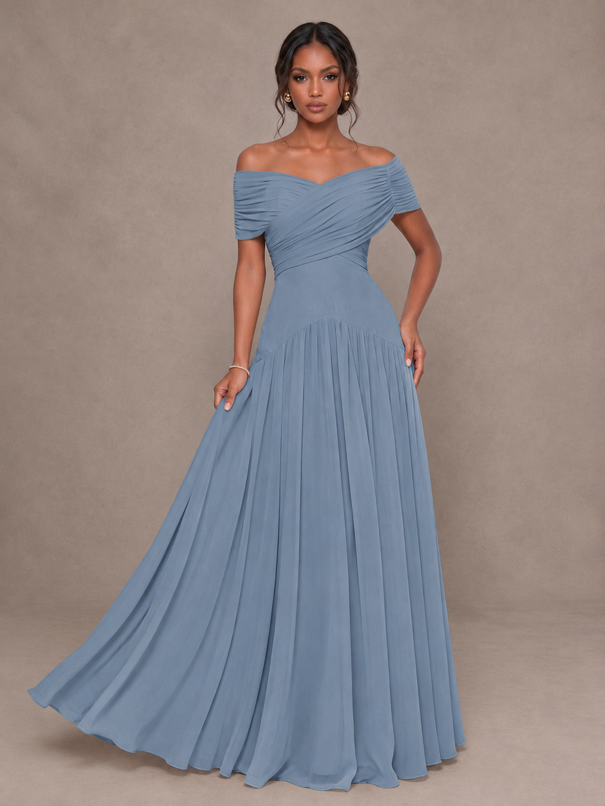 BOLODOO Dusty Blue Off-Shoulder Ruched A-Line Bridesmaid Dress - Dusty Blue - Dusty Blue (4)