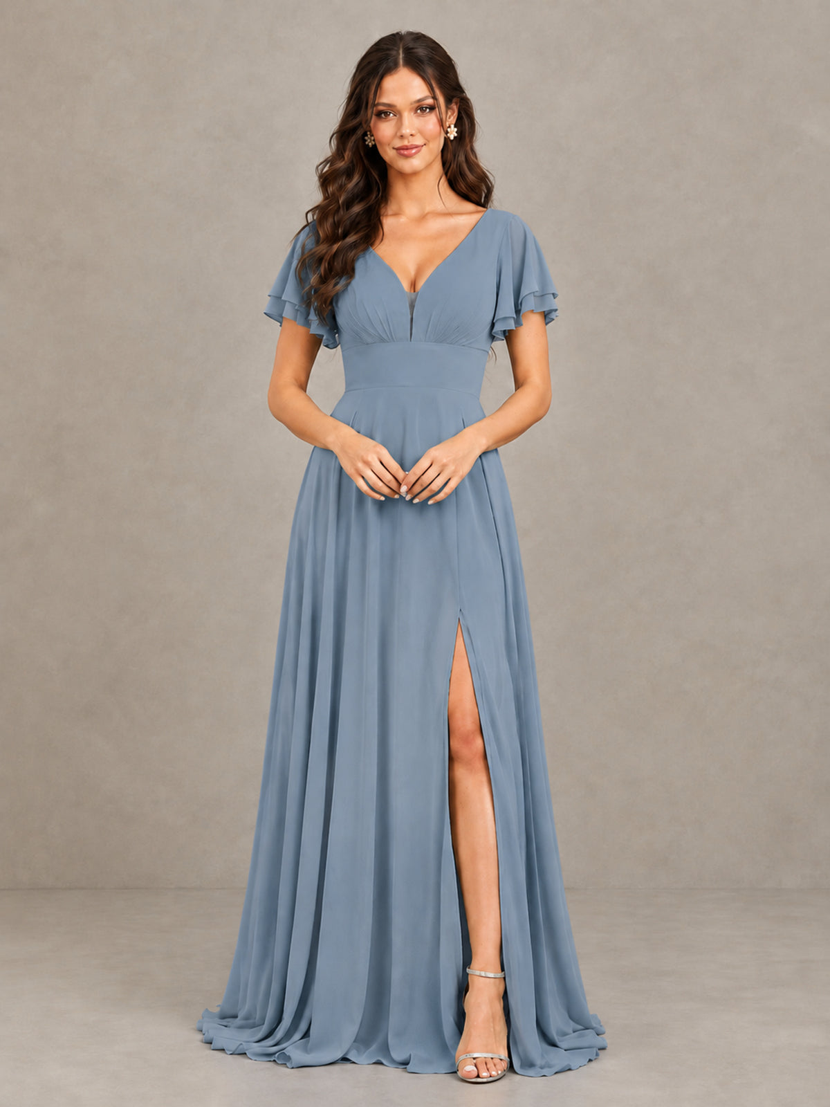 BOLODOO Dusty Blue Flutter Sleeve Chiffon A-Line Maxi Bridesmaid Dress with Open Back & Slit - Dusty Blue - Dusty Blue (4)