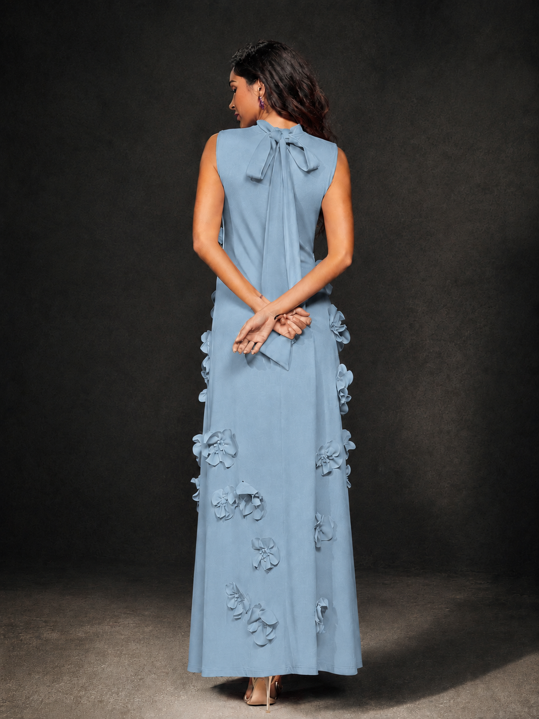 BOLODOO Dusty Blue Mock Neck Sleeveless 3D Floral Appliqué Maxi Dress with Bow Back - Dusty Blue